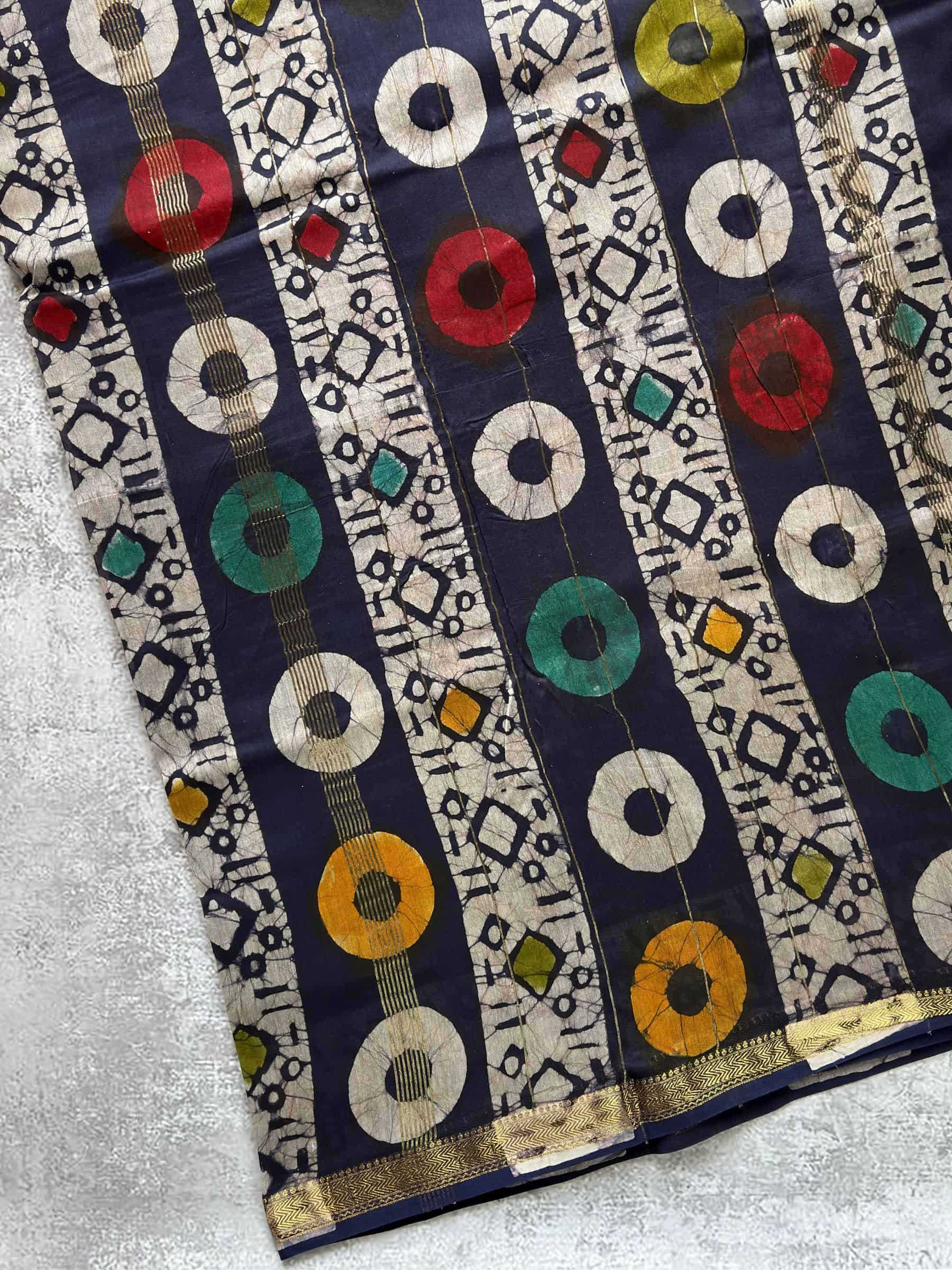 Maheshwari Block Print Cotton Silk Saree in Dark Blue