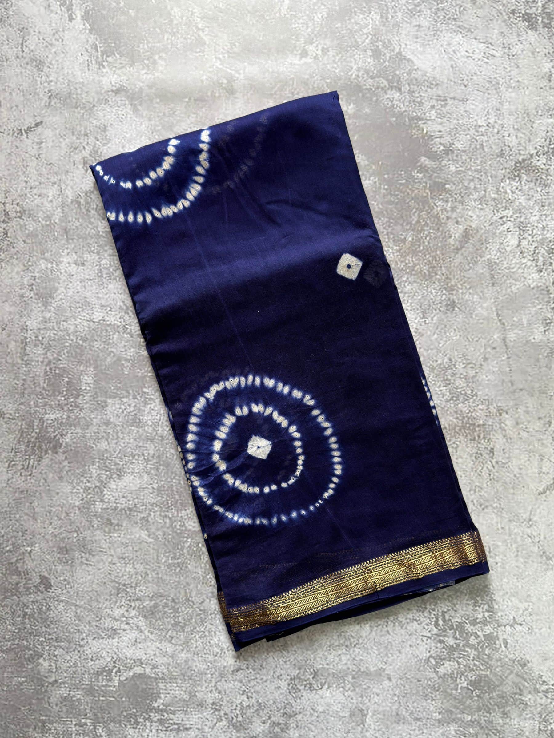 Indigo blue hand block printed Maheshwari silk cotton saree