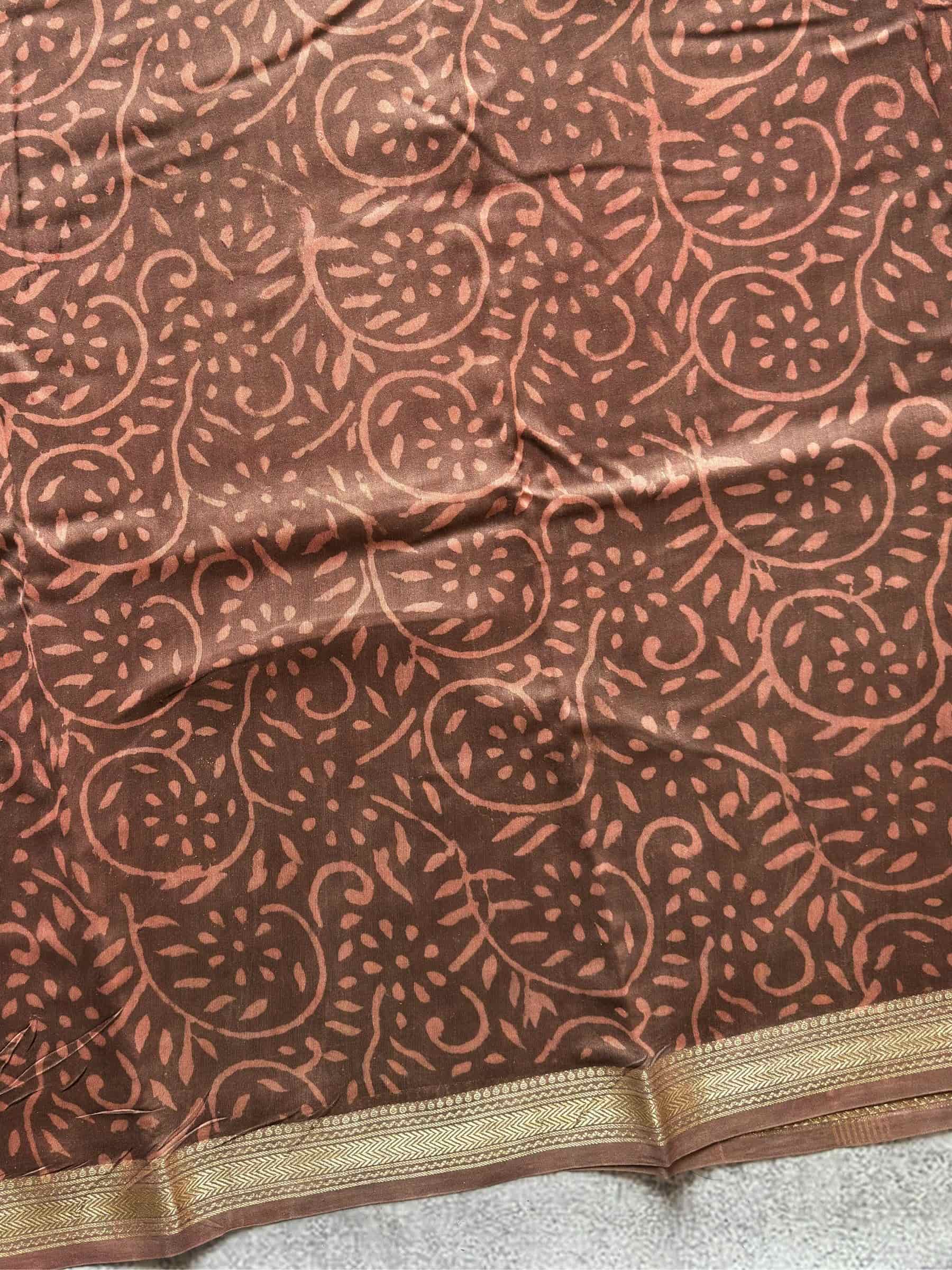 Hand Block Printed Maheshwari Cotton Silk Saree in Rust Brown