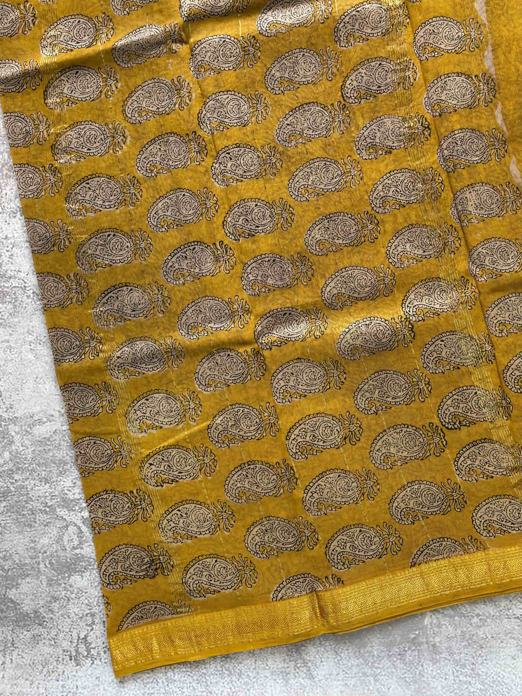Hand Block Printed Maheshwari Silk Cotton Saree in Black and Mustard