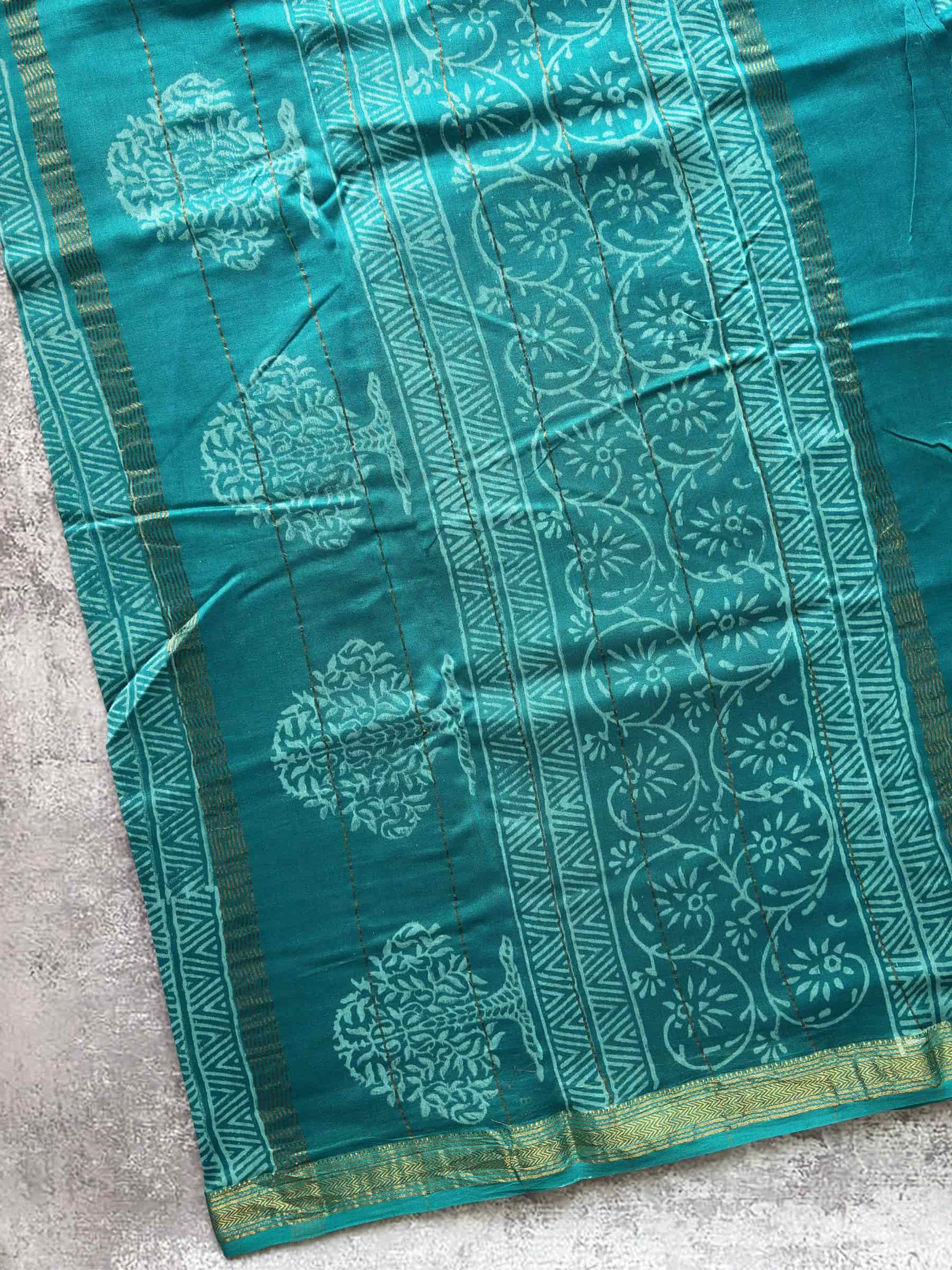Hand Block Printed Maheshwari Cotton Silk Saree in Teal