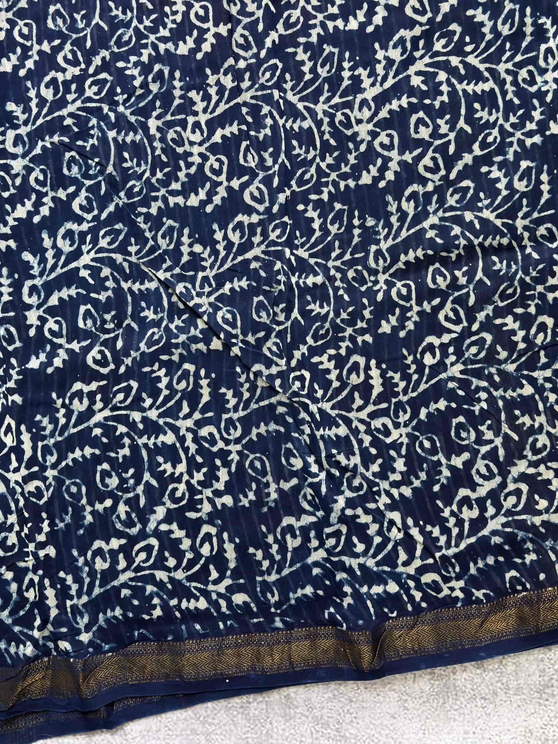 Hand Block Printed Maheshwari Cotton Silk Saree with Blue Stripes