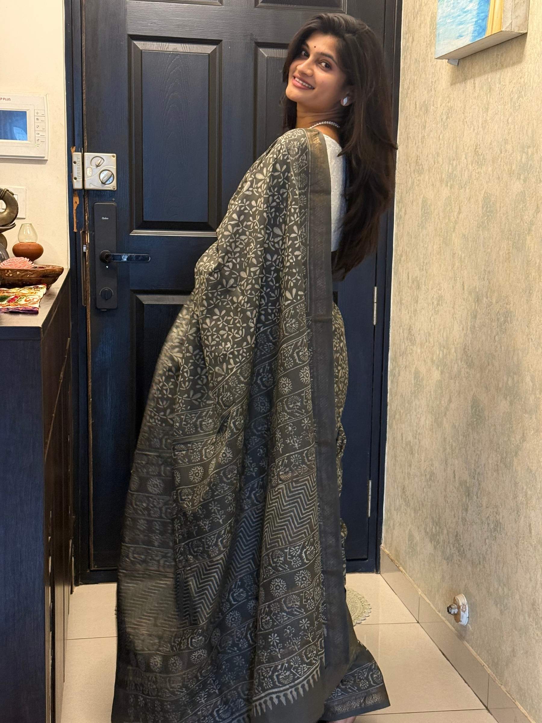 Grey Dabu Hand Block Printed Banana Silk Saree