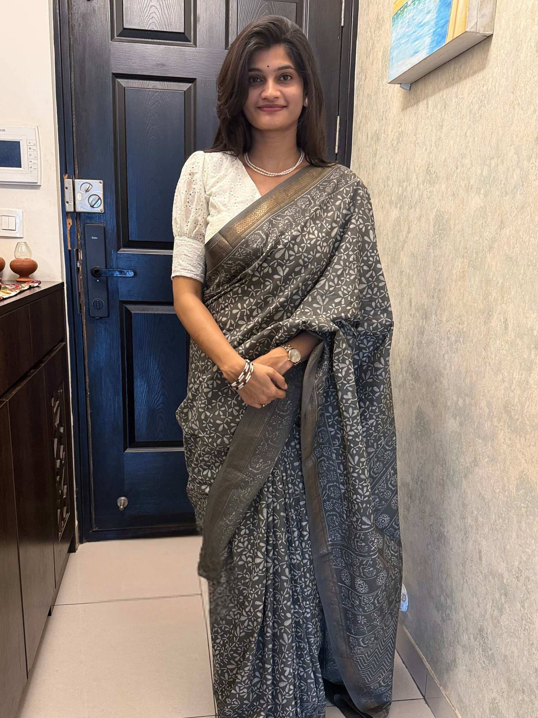 Grey Dabu Hand Block Printed Banana Silk Saree