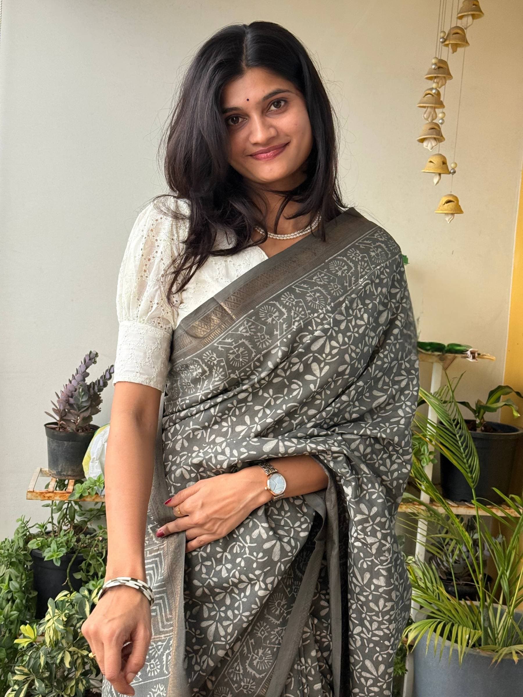 Grey Dabu Hand Block Printed Banana Silk Saree