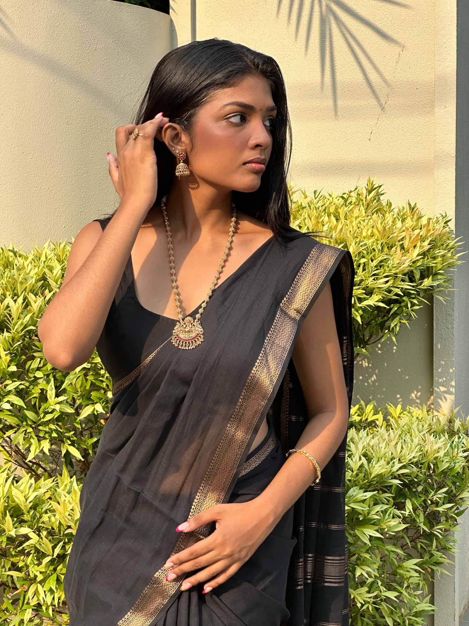 Handloom Bengal Cotton Saree in Black with Zari border