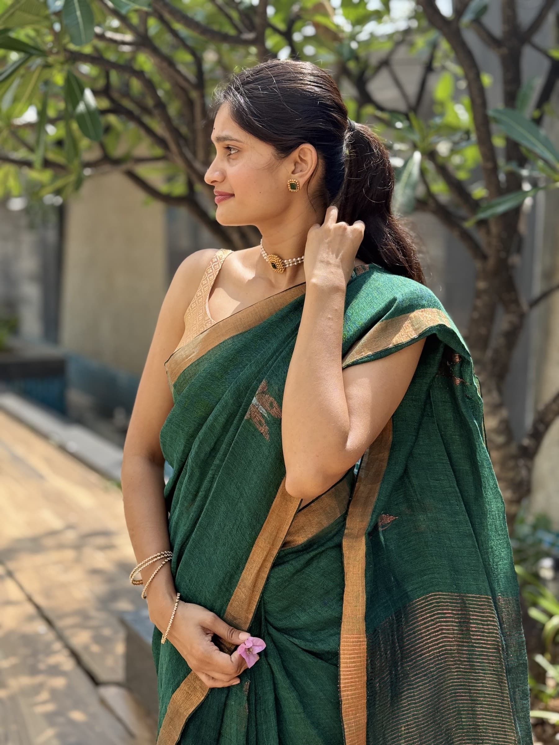 Handloom Linen Saree in Green