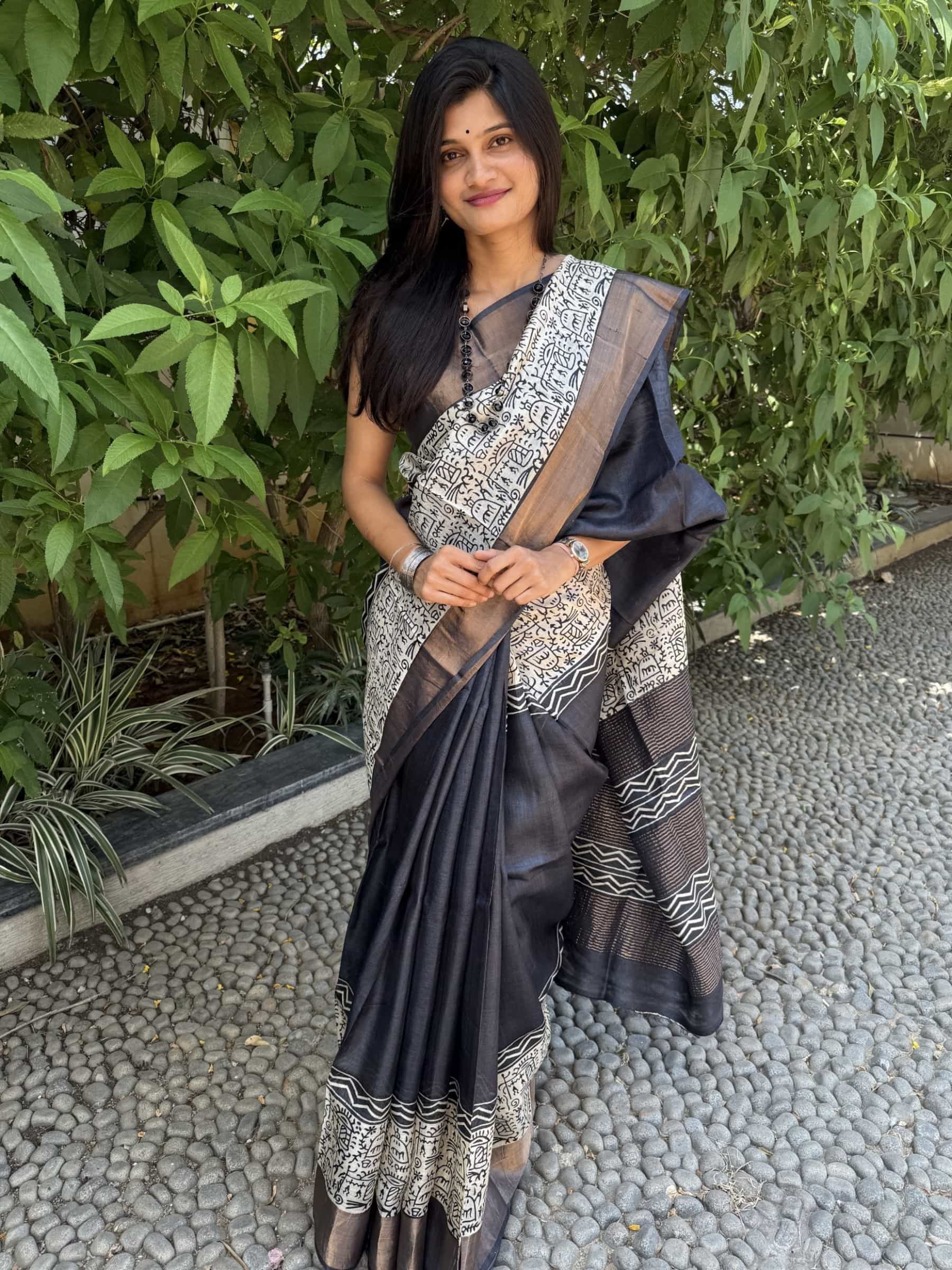Handloom Black & Beige Tussar Silk Saree with Block Print Detailing