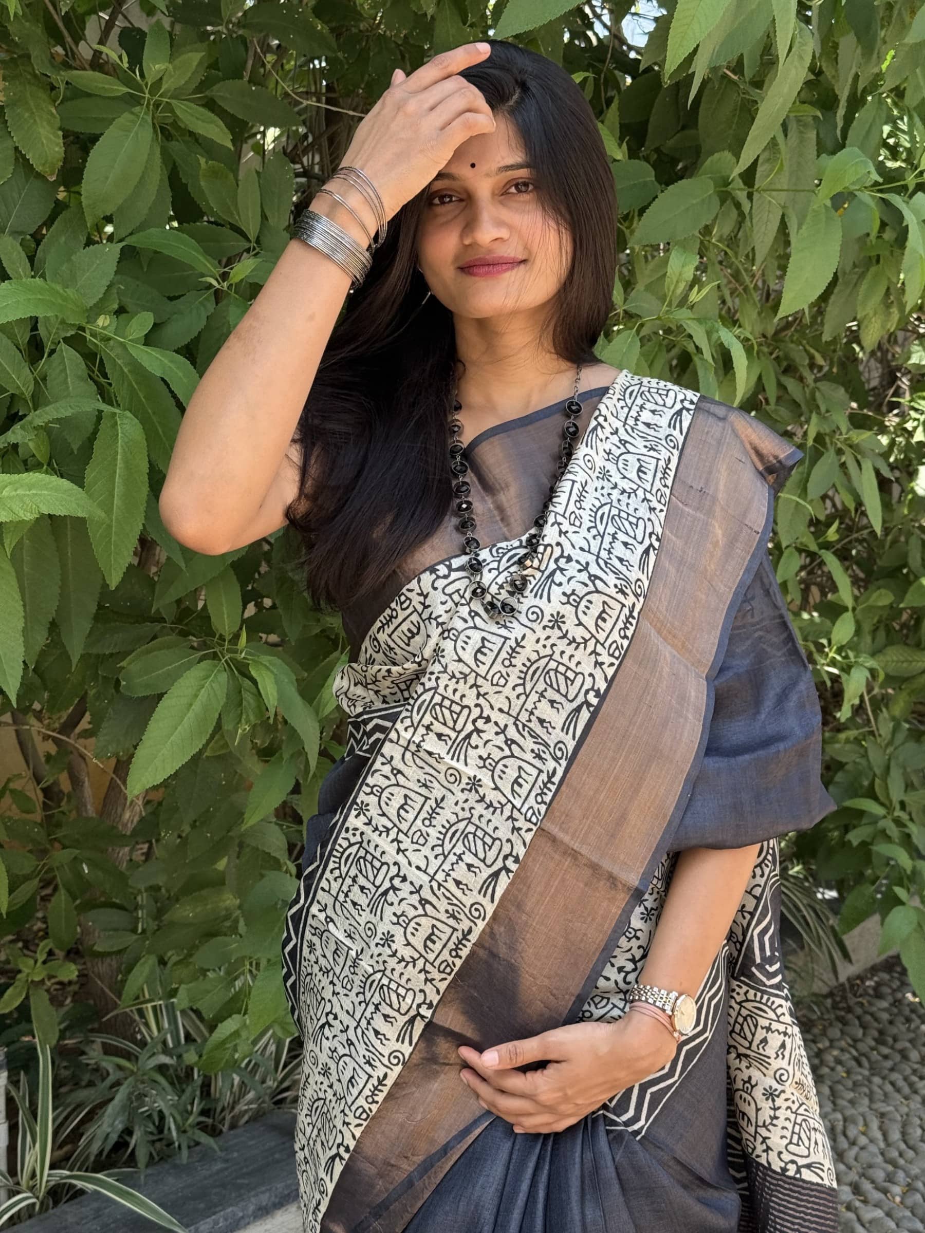 Handloom Black & Beige Tussar Silk Saree with Block Print Detailing