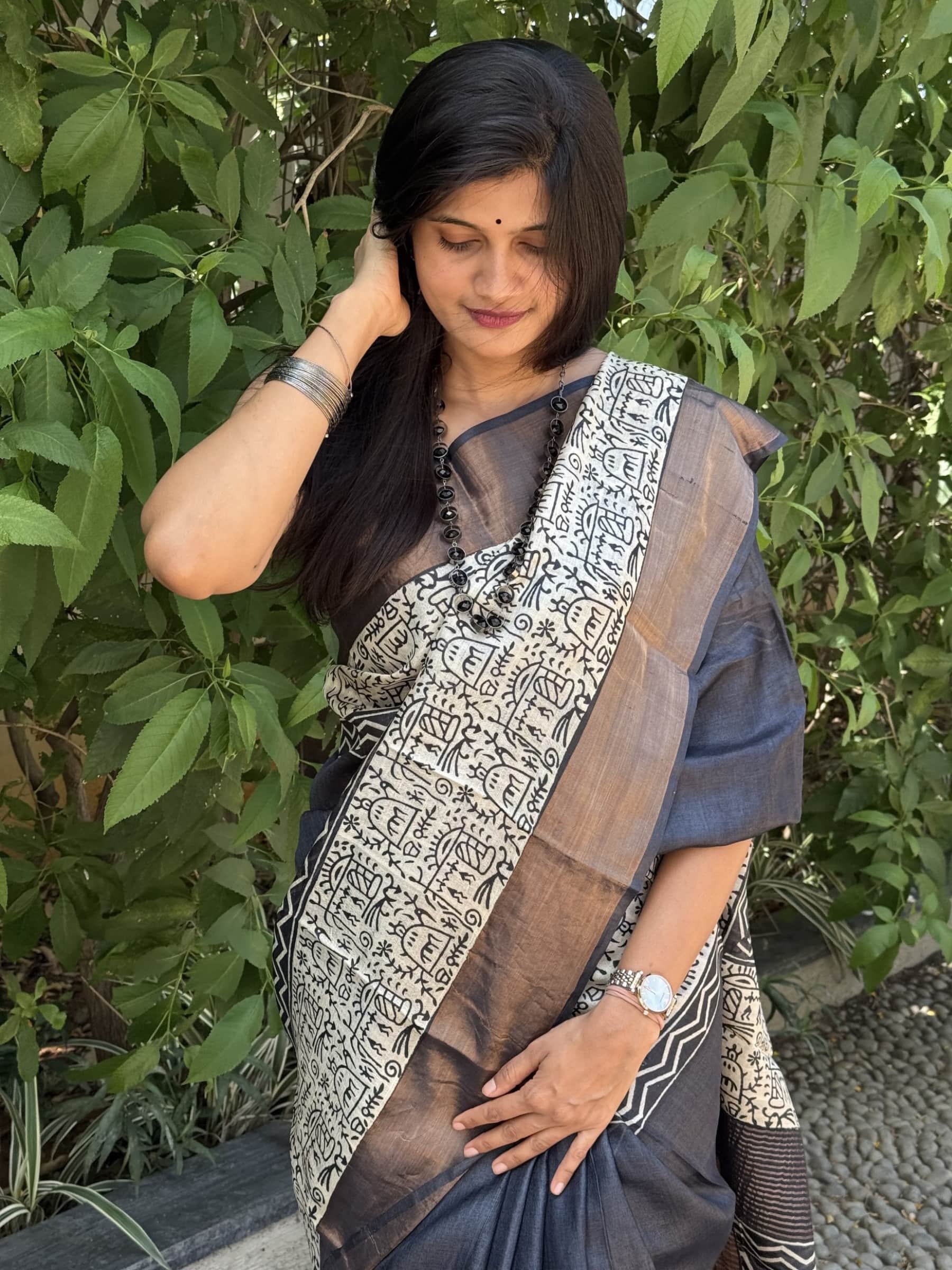 Handloom Black & Beige Tussar Silk Saree with Block Print Detailing