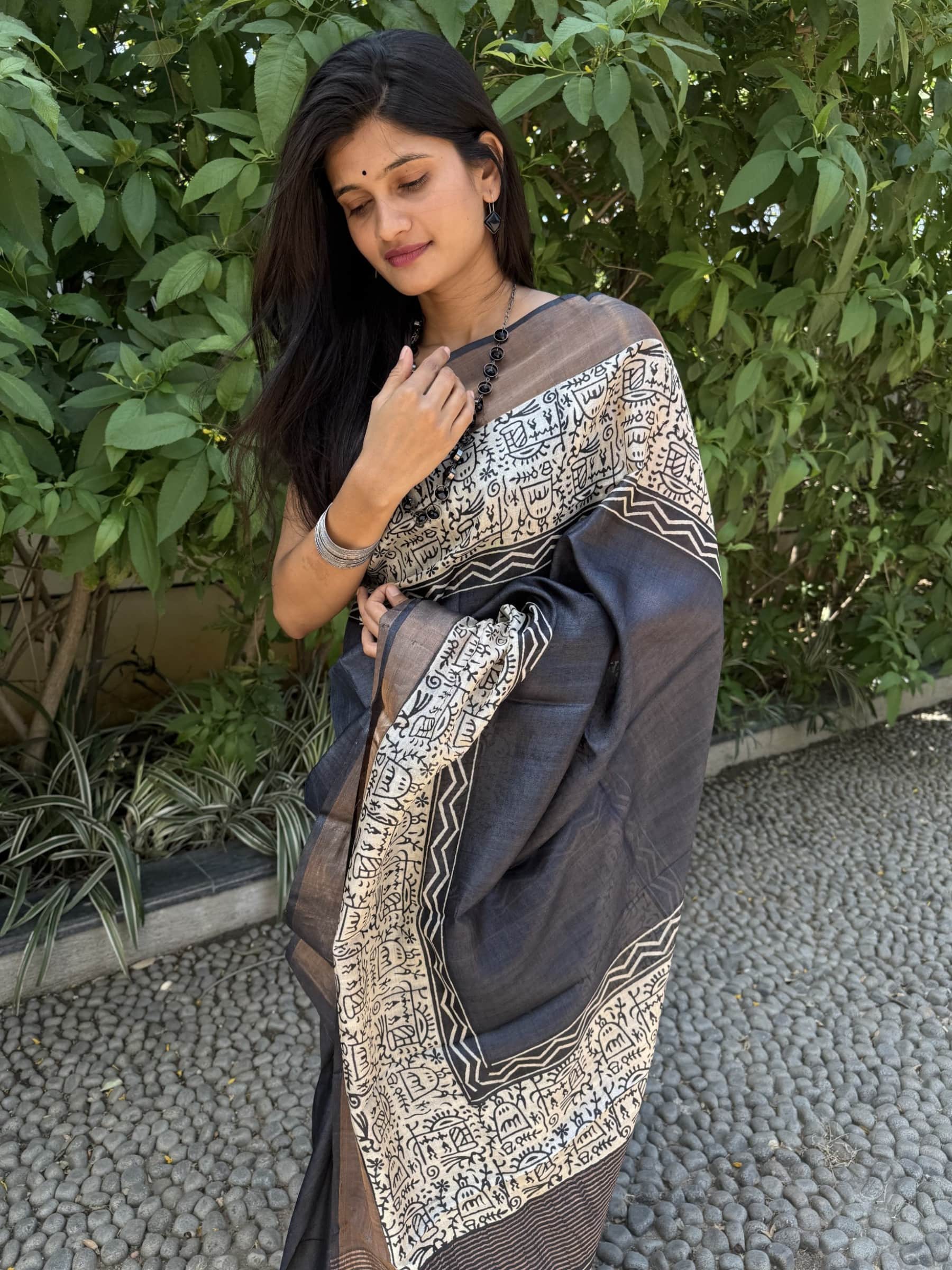 Handloom Black & Beige Tussar Silk Saree with Block Print Detailing
