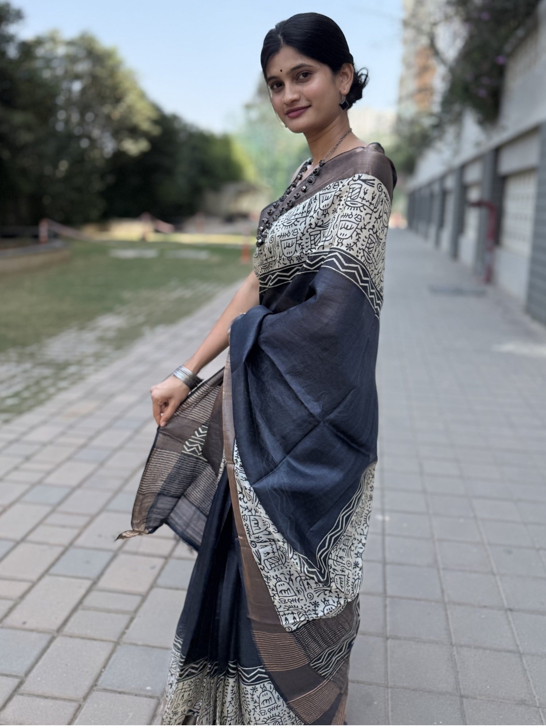 Handloom Black & Beige Tussar Silk Saree with Block Print Detailing