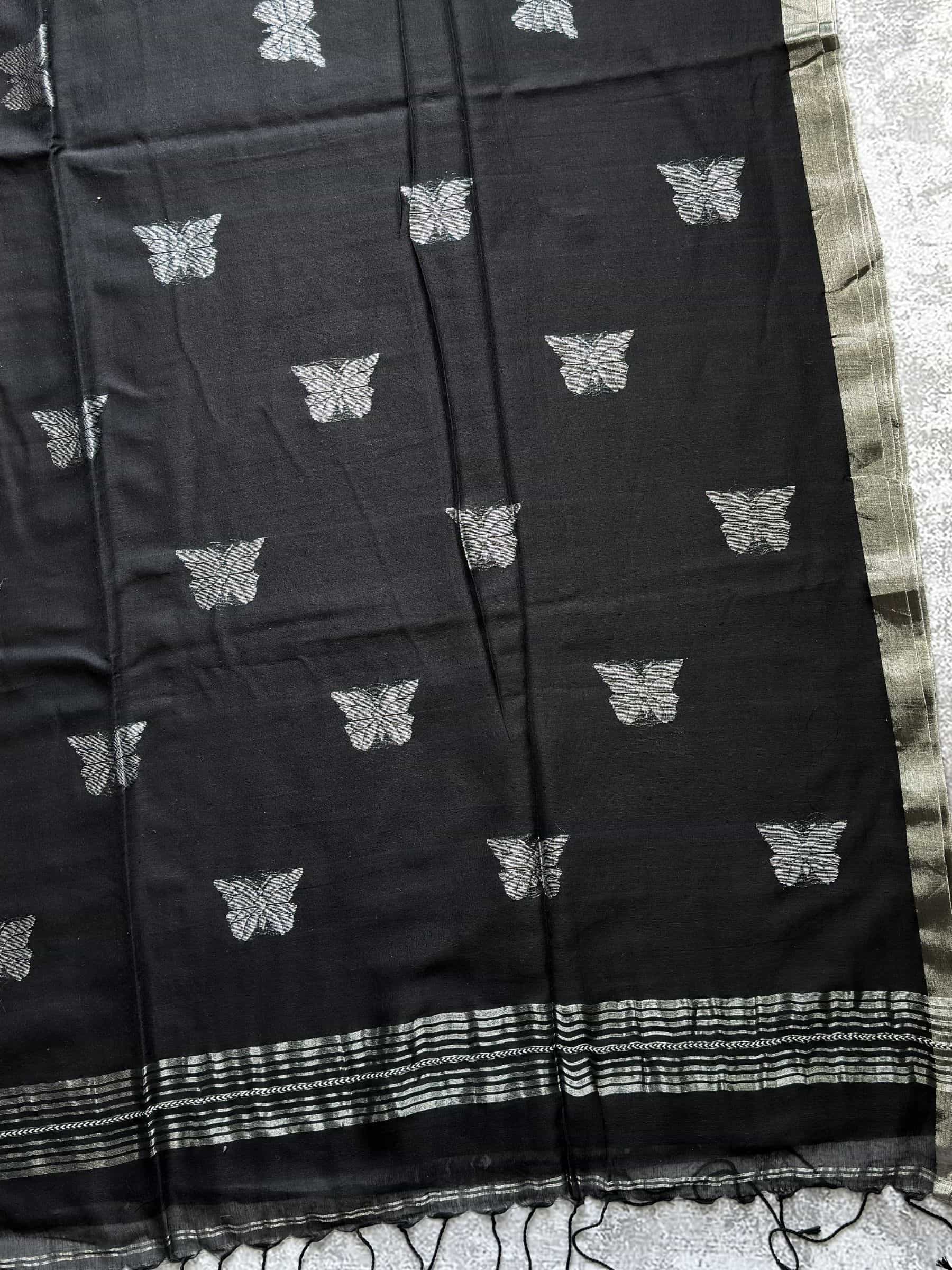 Handloom Mercerized Cotton Jamdani Saree in Black
