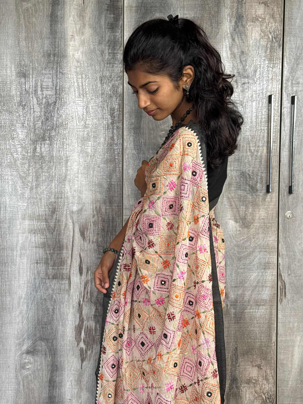 Handloom Dhonekhali Cotton Saree with Hand Embroidery in Beige