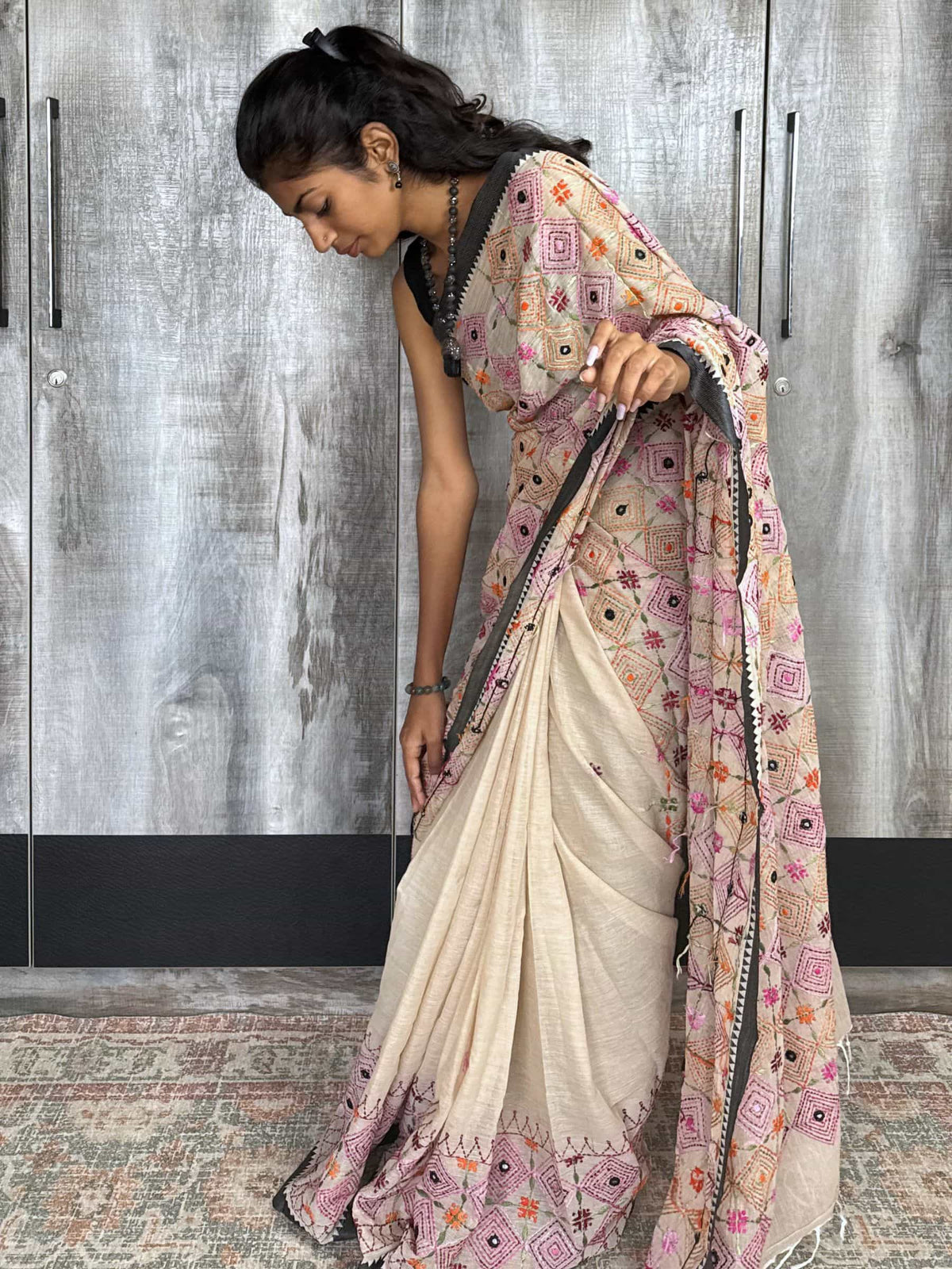 Handloom Dhonekhali Cotton Saree with Hand Embroidery in Beige