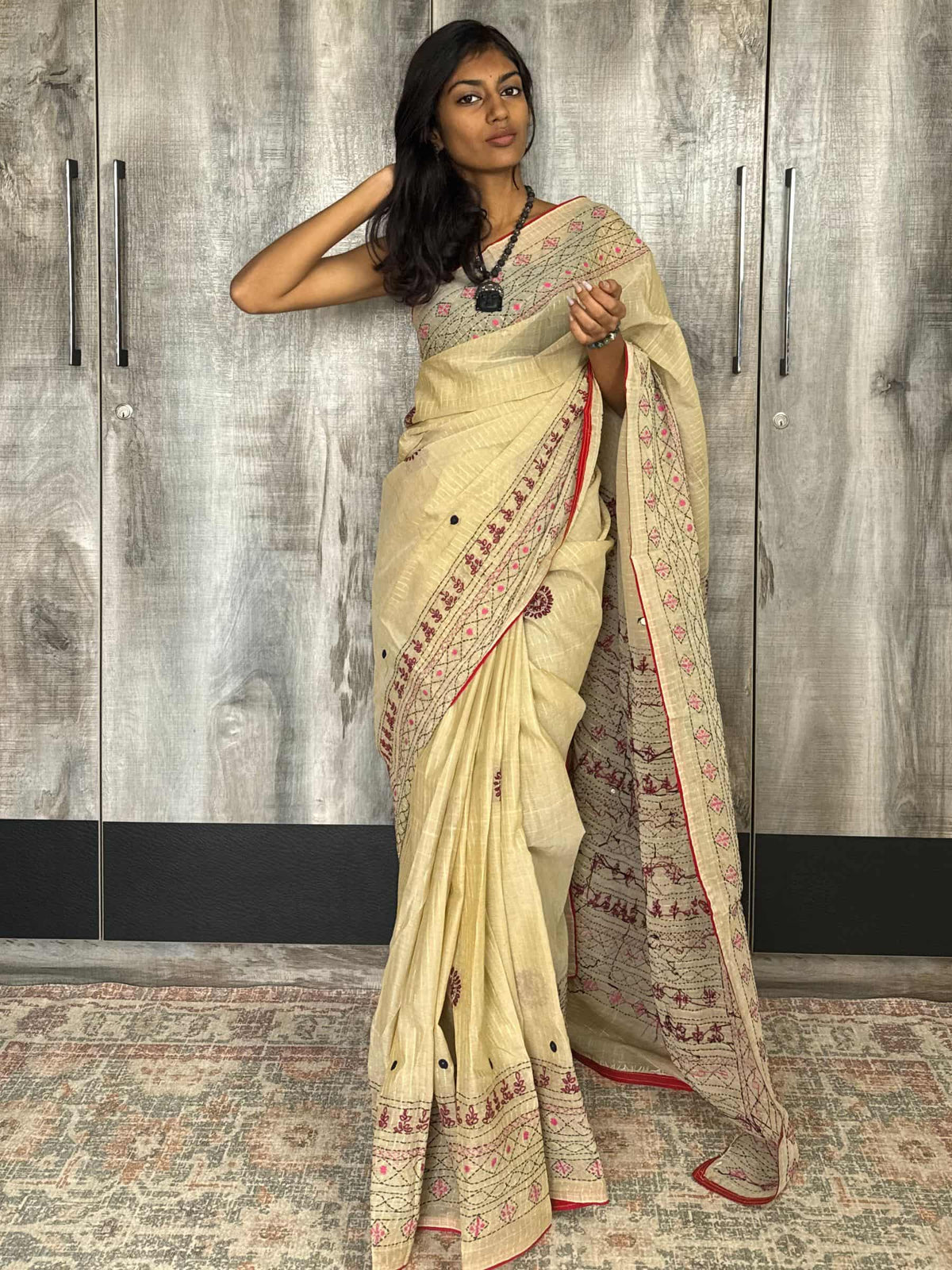 Handloom Dhonekhali cotton saree in beige with colorful hand embroidery