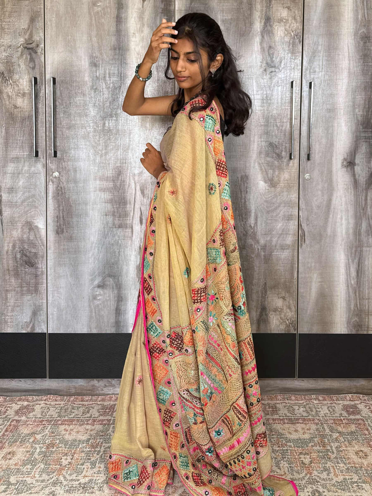 Handloom Dhonekhali Cotton Saree with Hand Embroidery in Beige