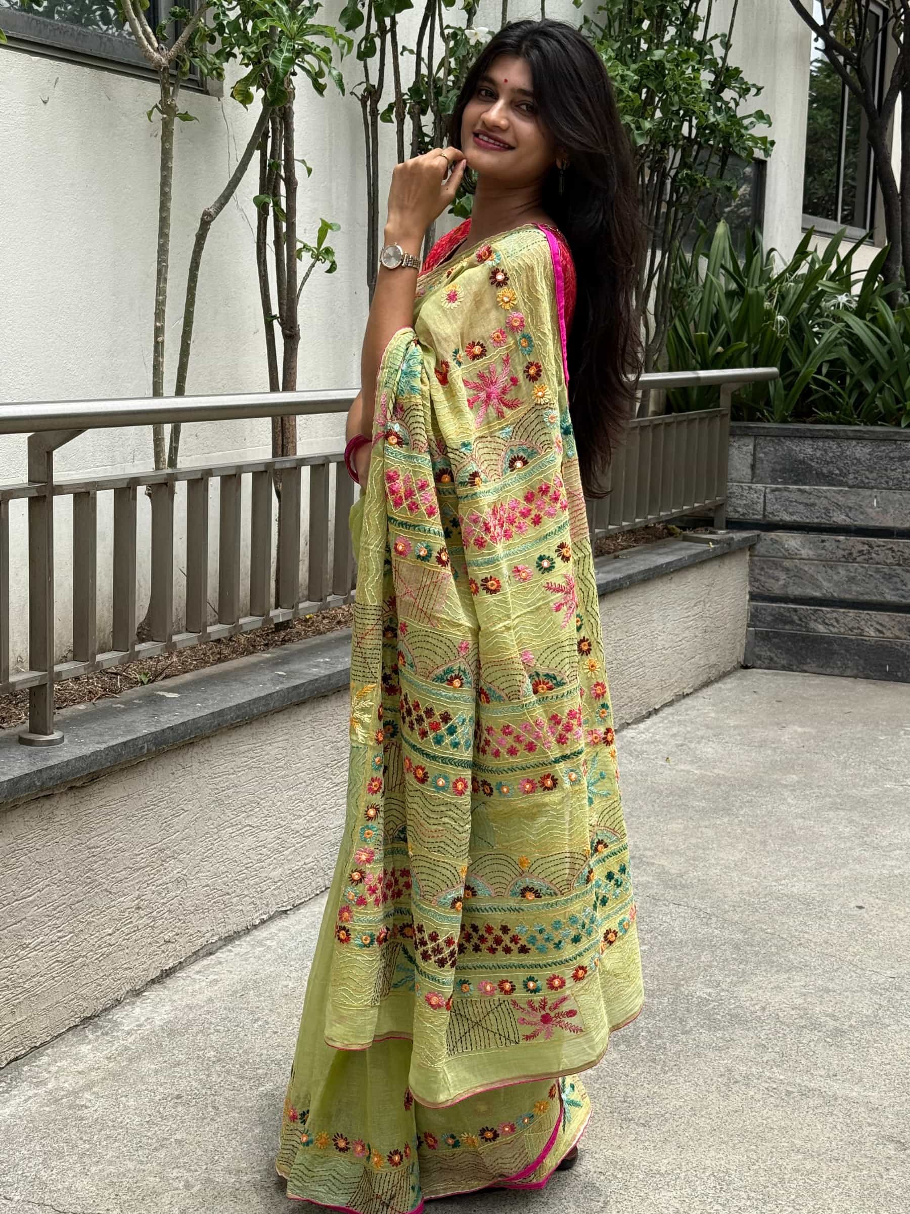 Handloom Dhonekhali Cotton Saree with Hand Embroidery in Pistachio Green