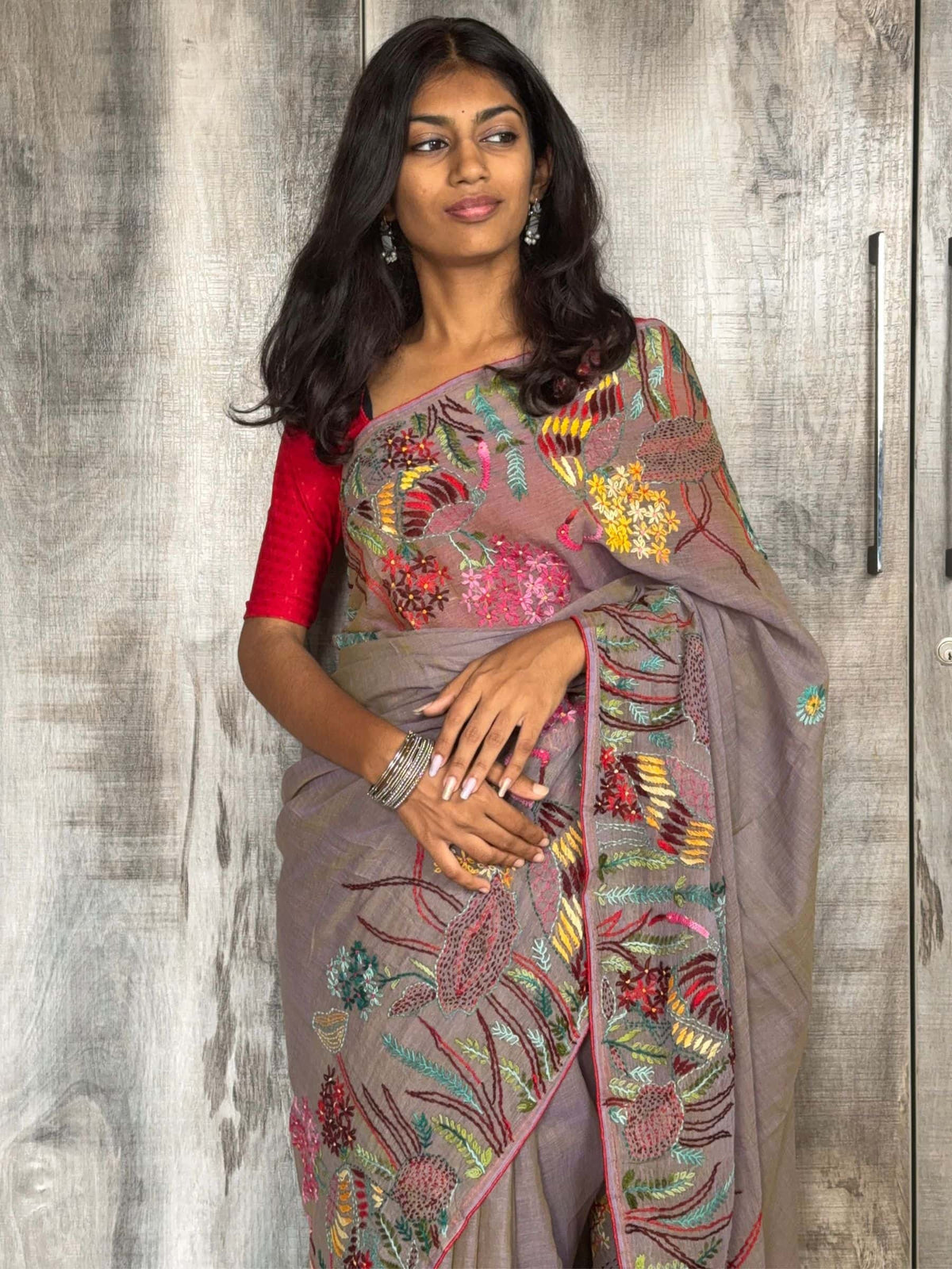 Grey Dhonekhali Tant cotton saree with floral hand embroidery