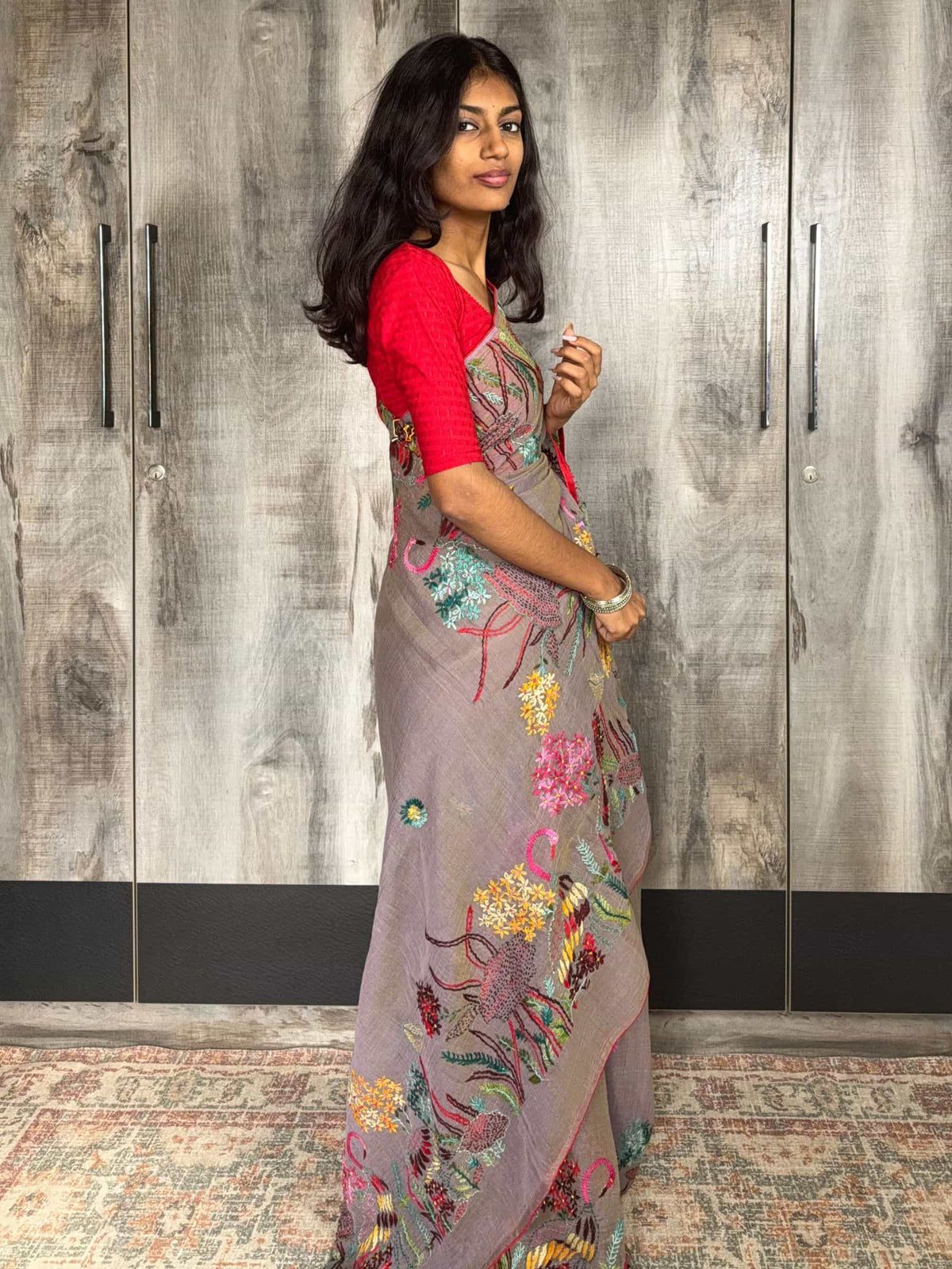 Handloom Dhonekhali Cotton Saree with Hand Embroidery in Grey