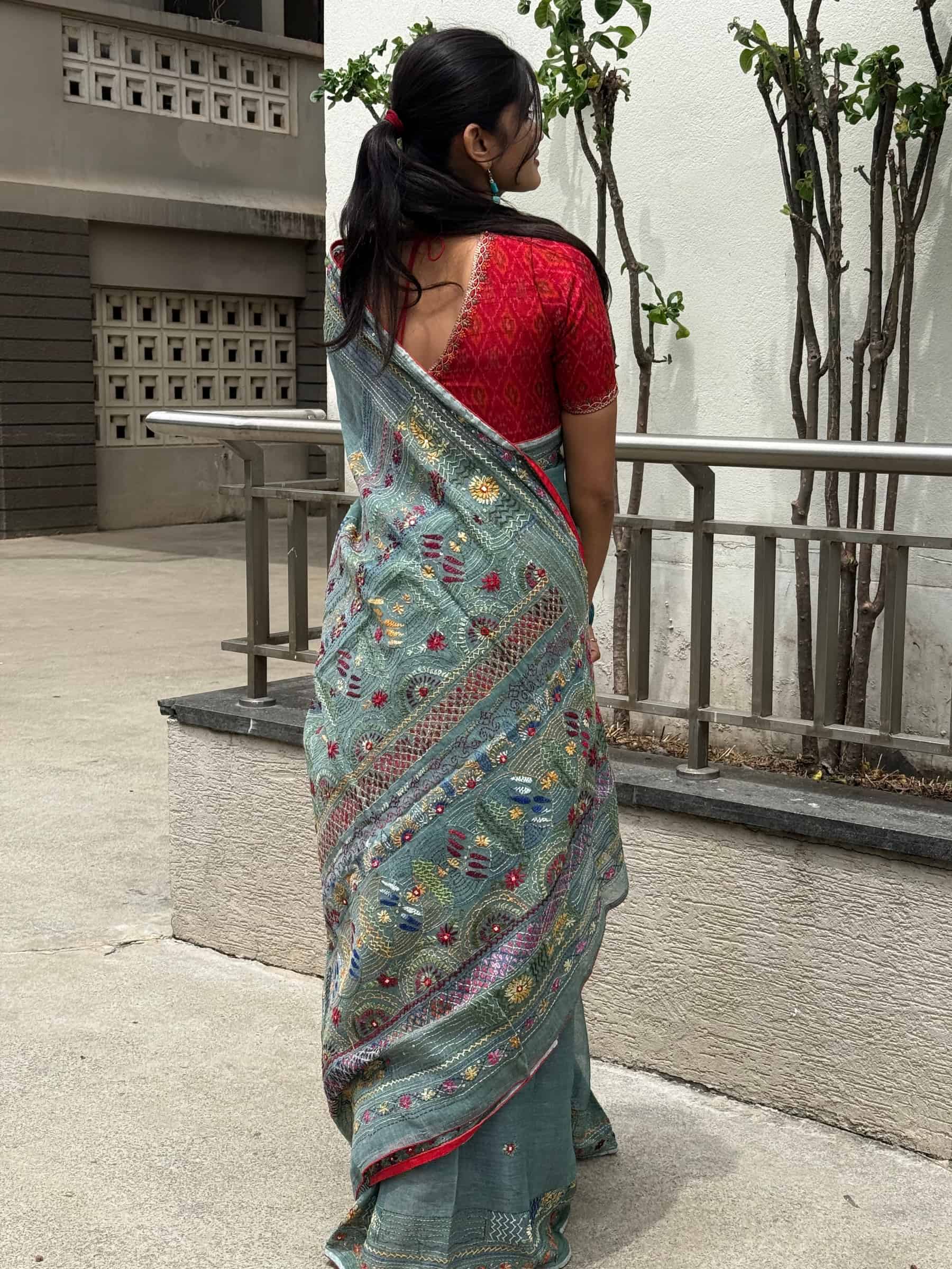Handloom Dhonekhali Cotton Saree with Hand Embroidery in Teal Blue