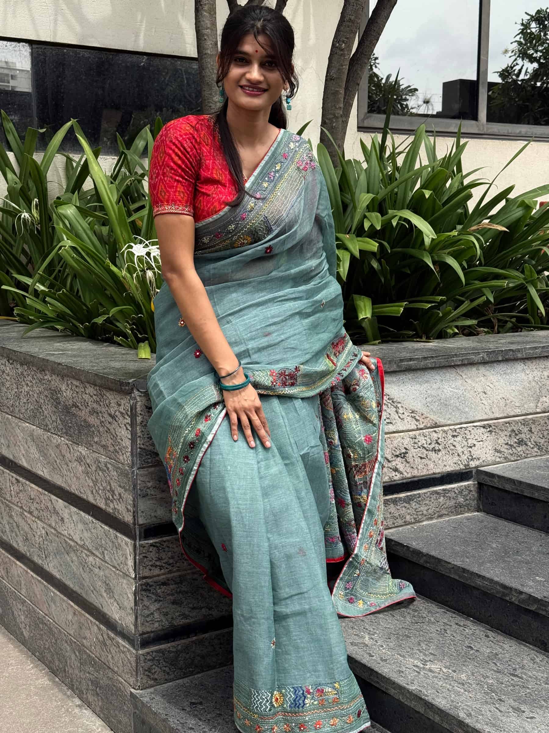 Handloom Dhonekhali Cotton Saree with Hand Embroidery in Teal Blue