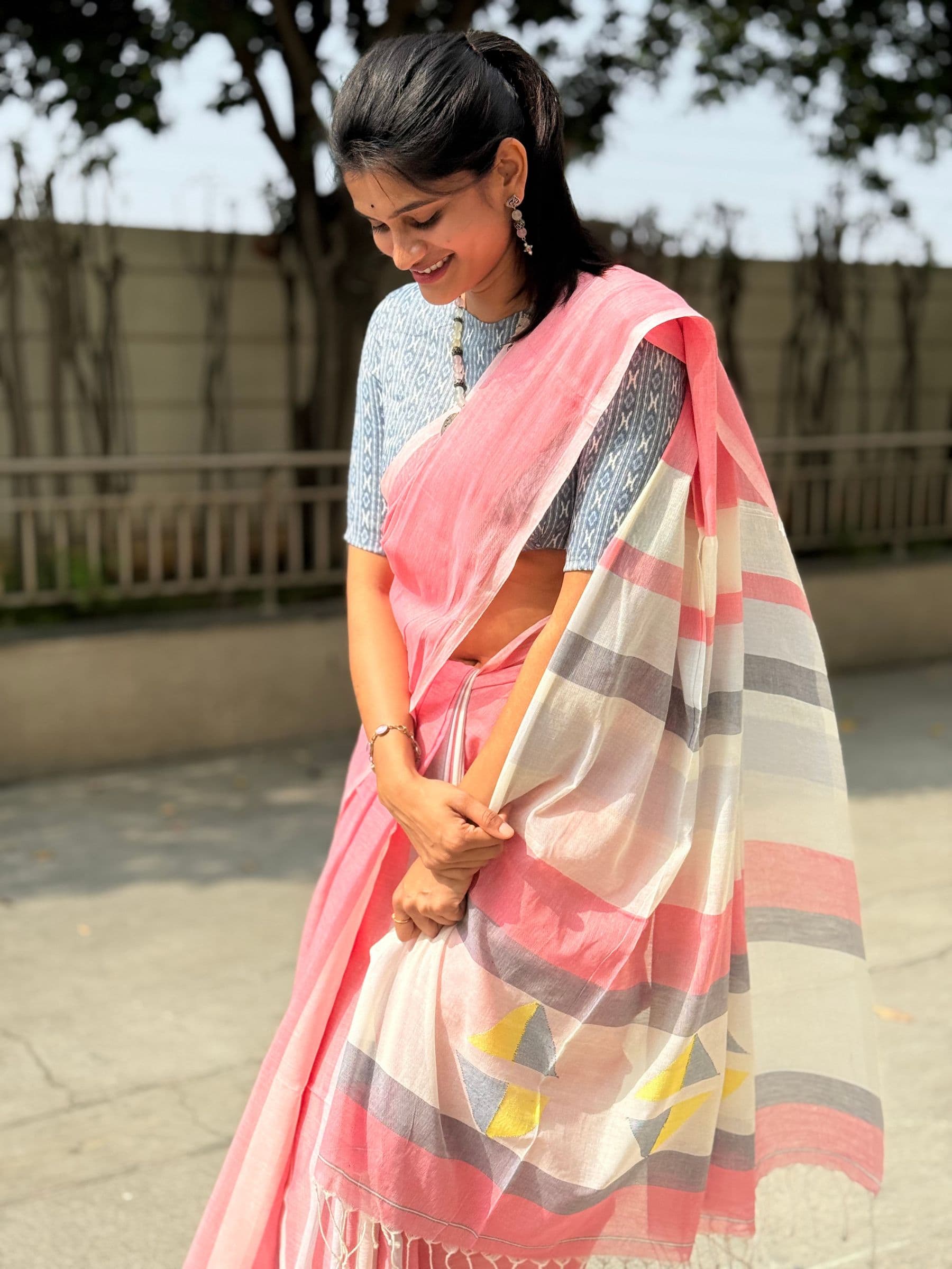 Handloom Cotton Jamdani Saree with Contemporary Checks in Pink