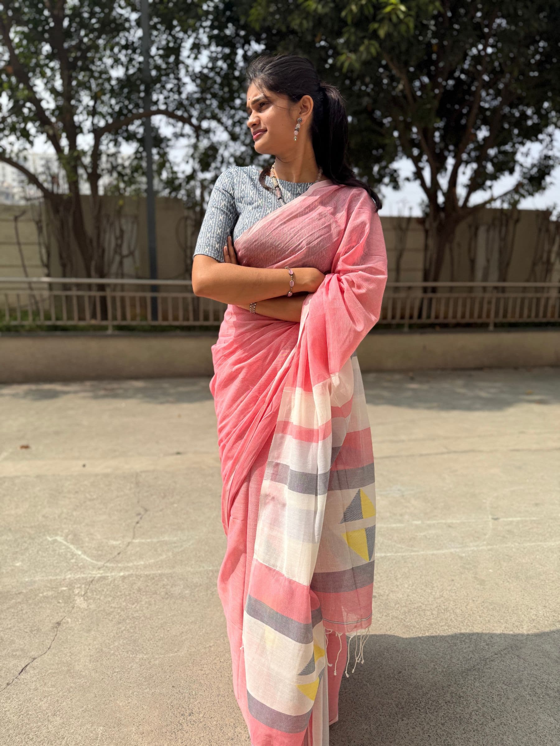 Handloom Cotton Jamdani Saree with Contemporary Checks in Pink
