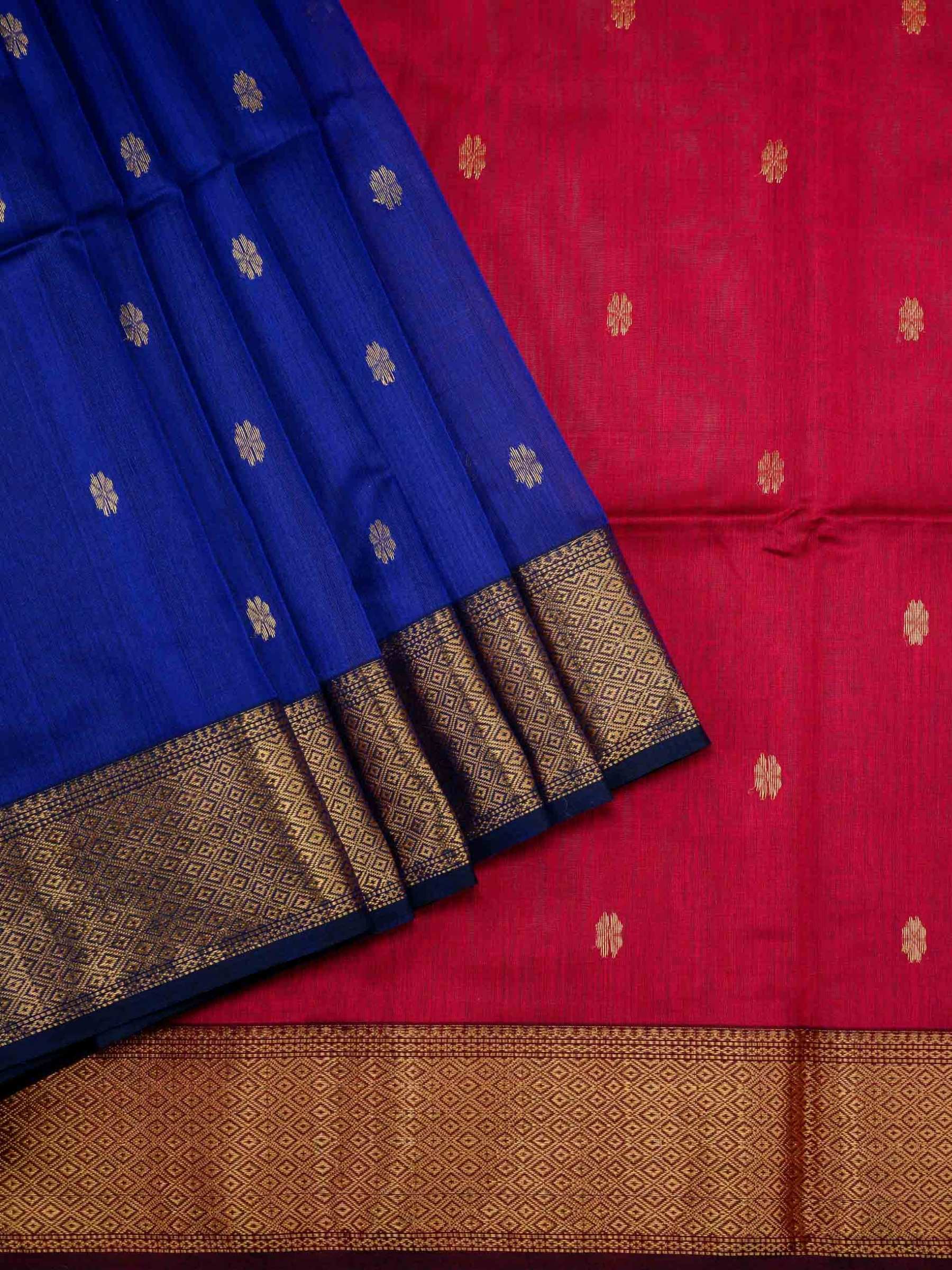 Handloom Maheshwari silk cotton saree in blue and red with zari butta