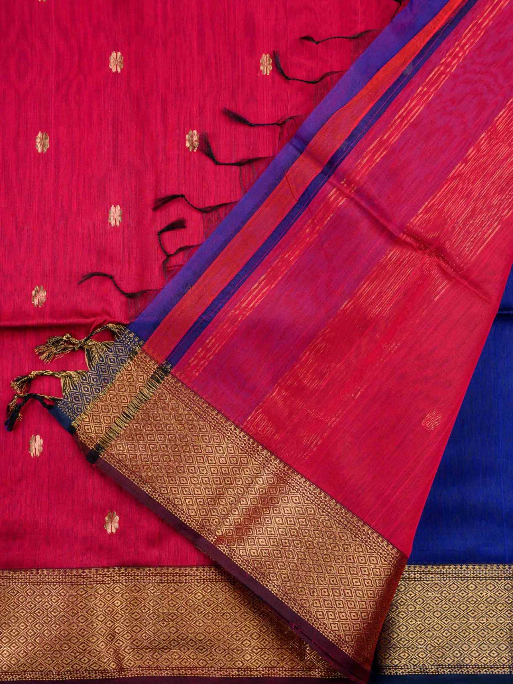 Handloom Maheshwari Silk Cotton Saree in Blue and Red with Zari Butta