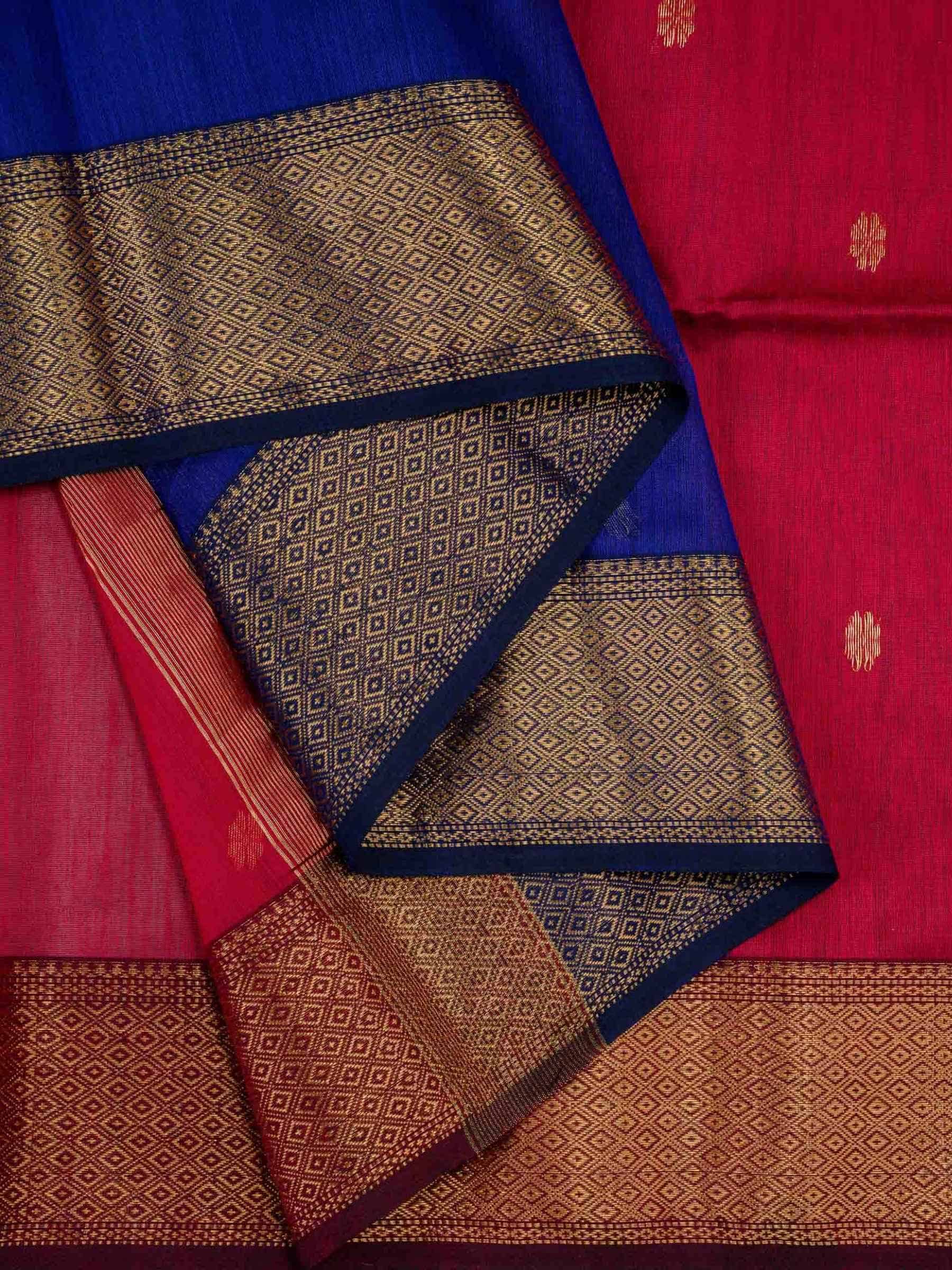 Handloom Maheshwari Silk Cotton Saree in Blue and Red with Zari Butta