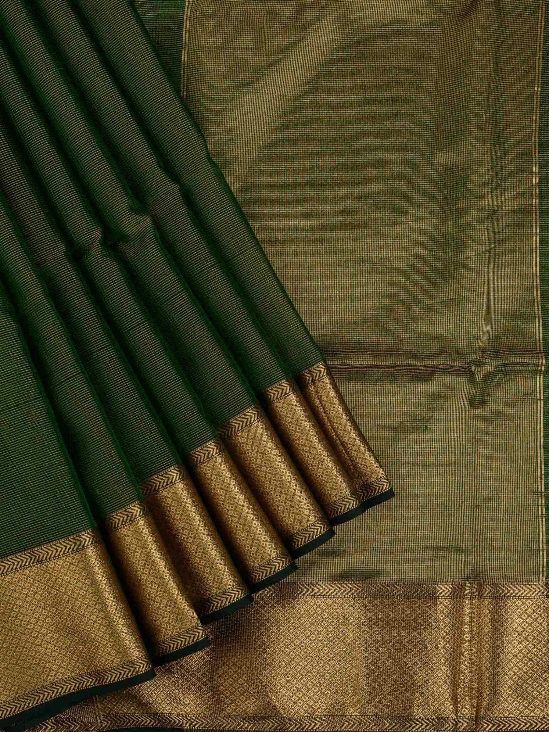 Handloom Maheshwari silk cotton saree in dark green with zari checks