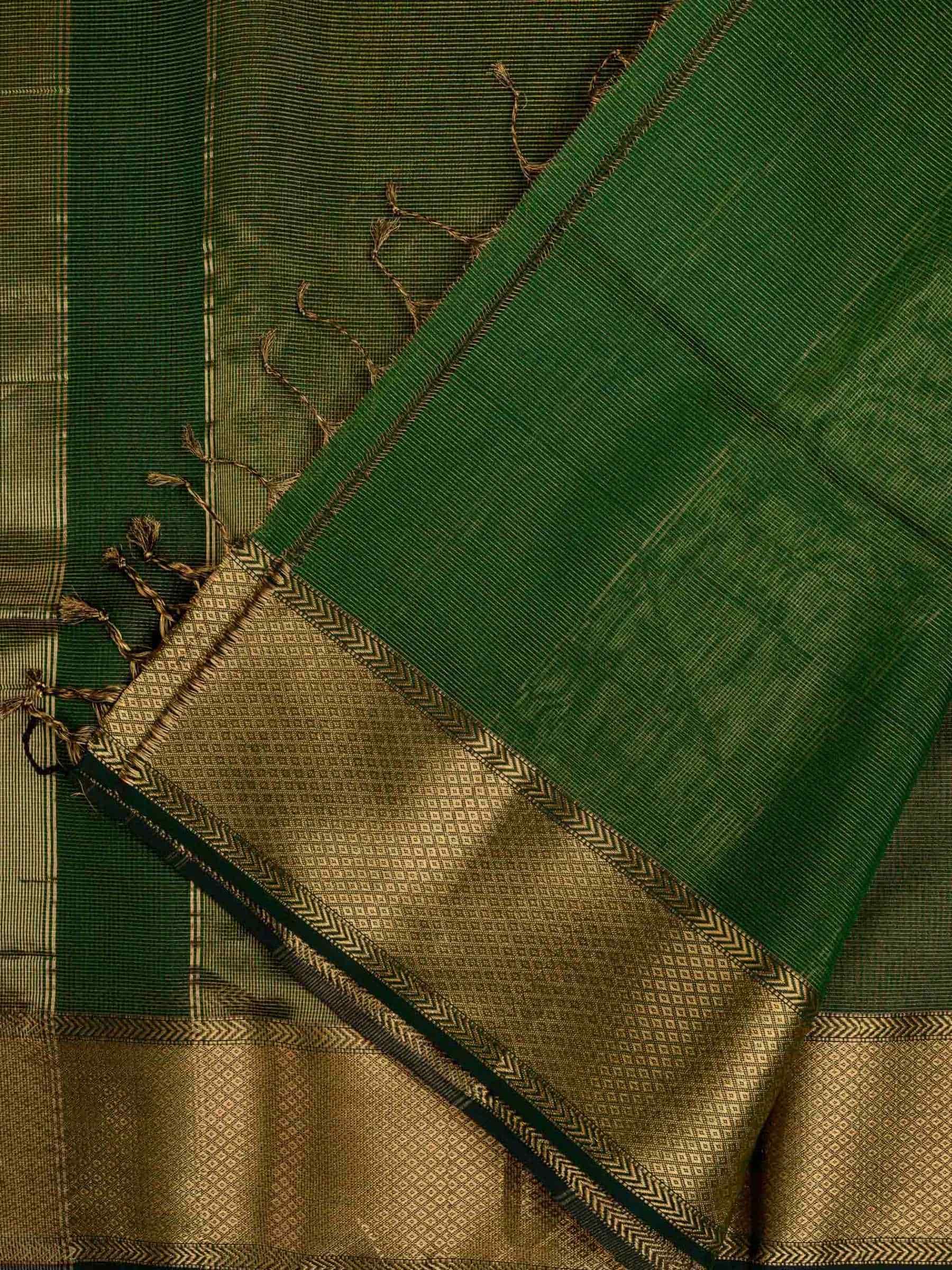 Handloom Maheshwari Silk Cotton Saree in Dark Green with Zari Checks