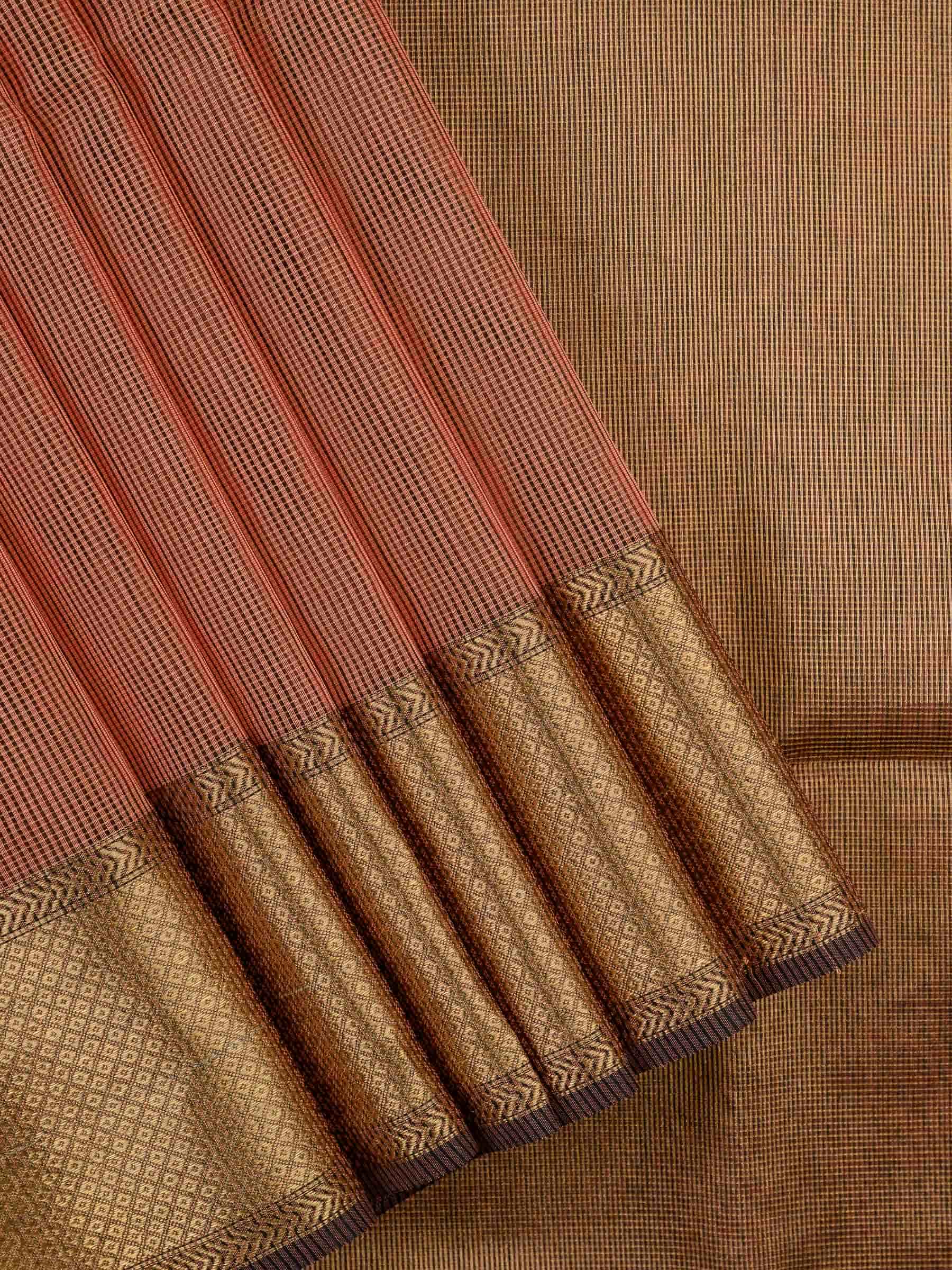 Handloom Maheshwari Silk Cotton Saree in Peach and Brown with Zari Checks