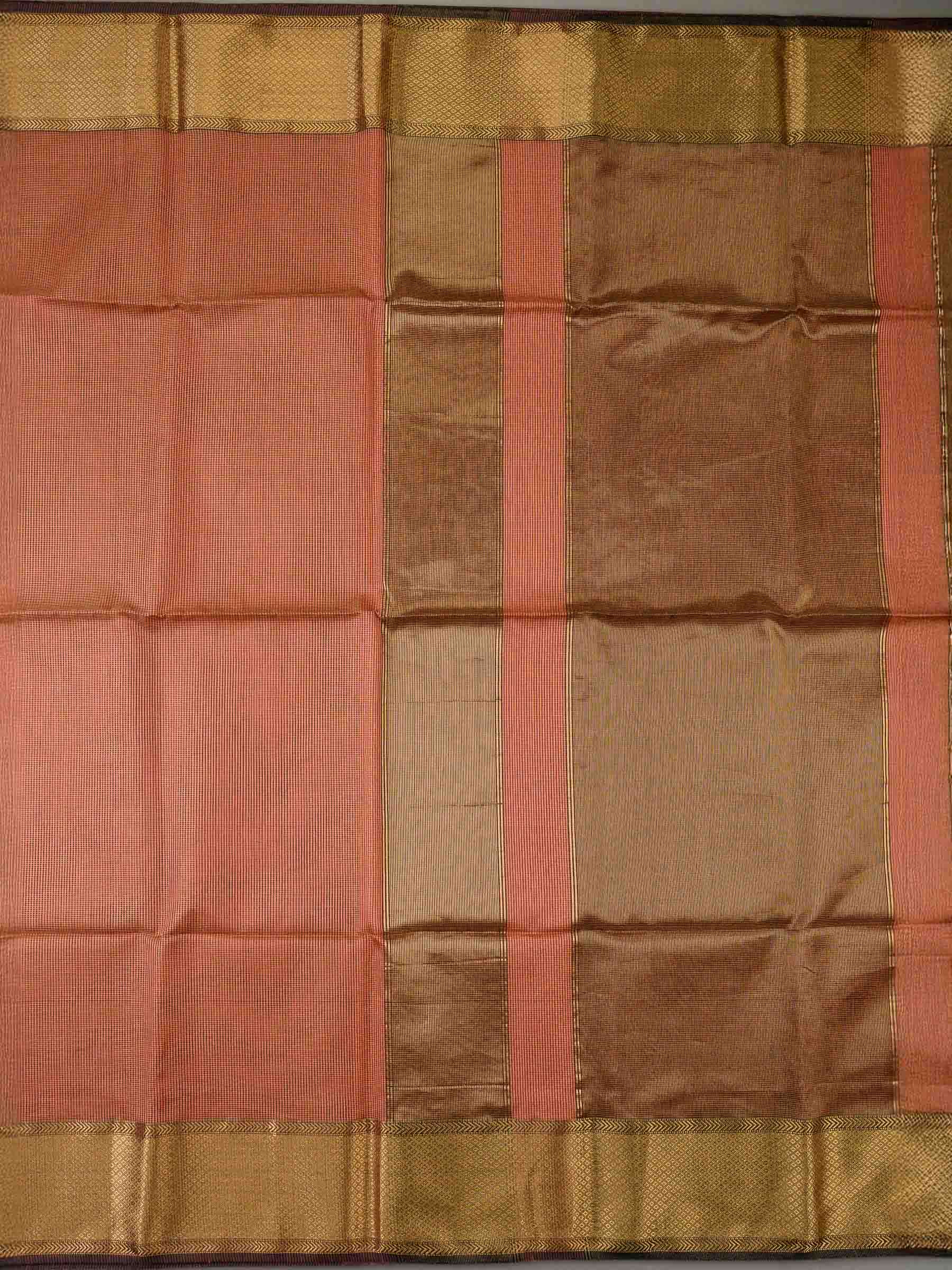 Handloom Maheshwari Silk Cotton Saree in Peach and Brown with Zari Checks