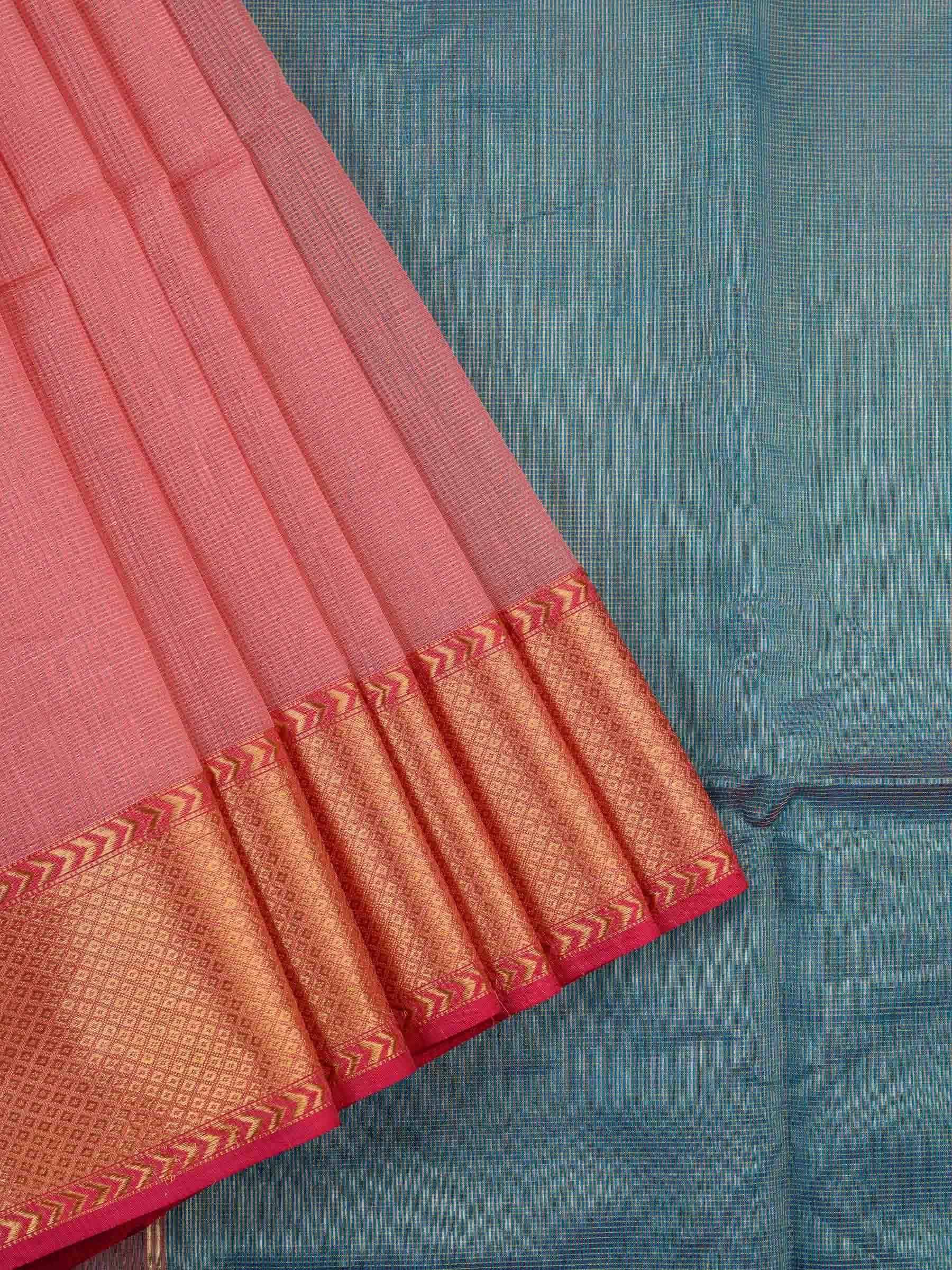 Handloom Maheshwari Silk Cotton Saree in Pink and Blue with Zari Checks