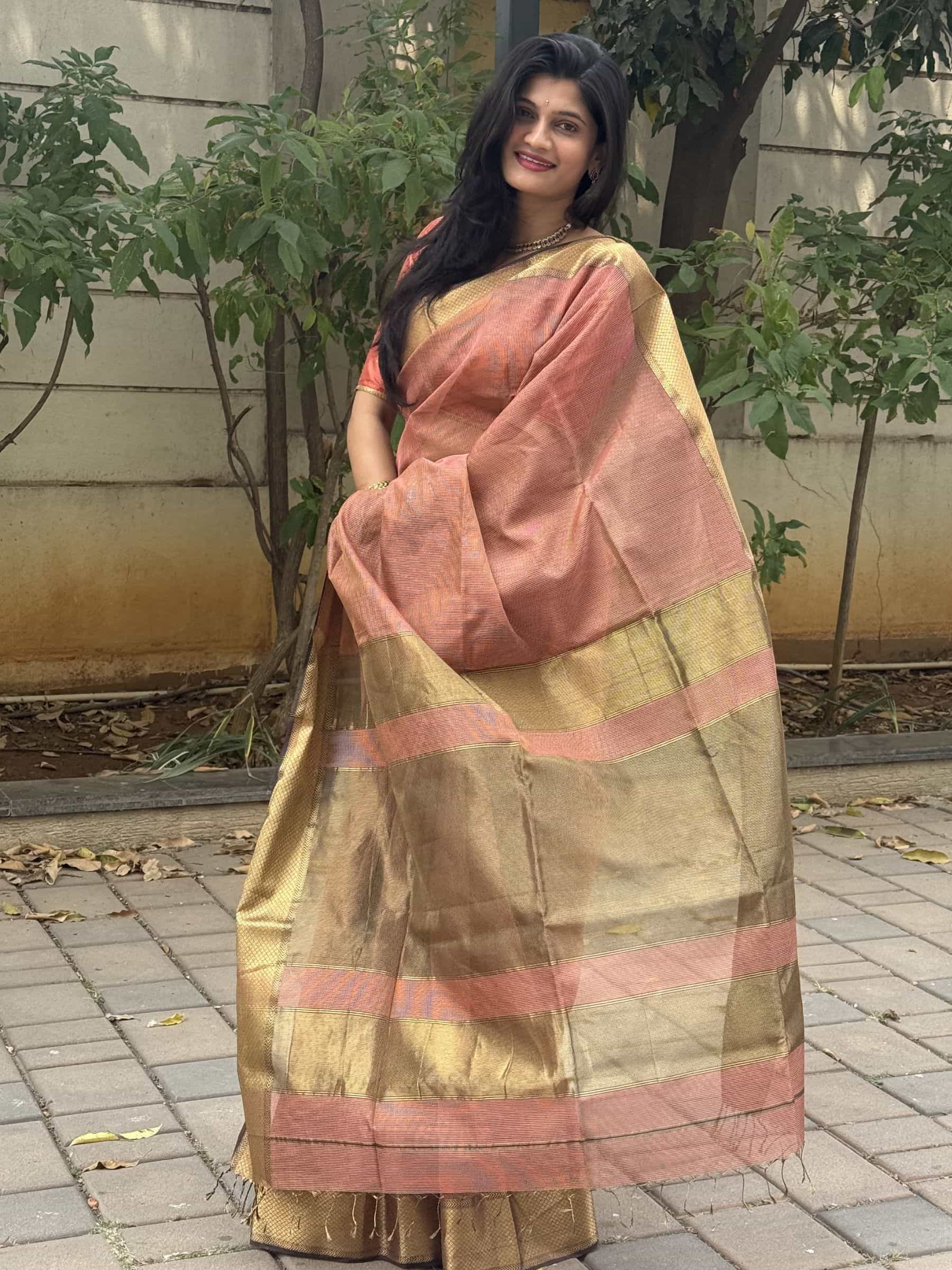 Handloom Maheshwari Silk Cotton Saree in Peach and Brown with Zari Checks