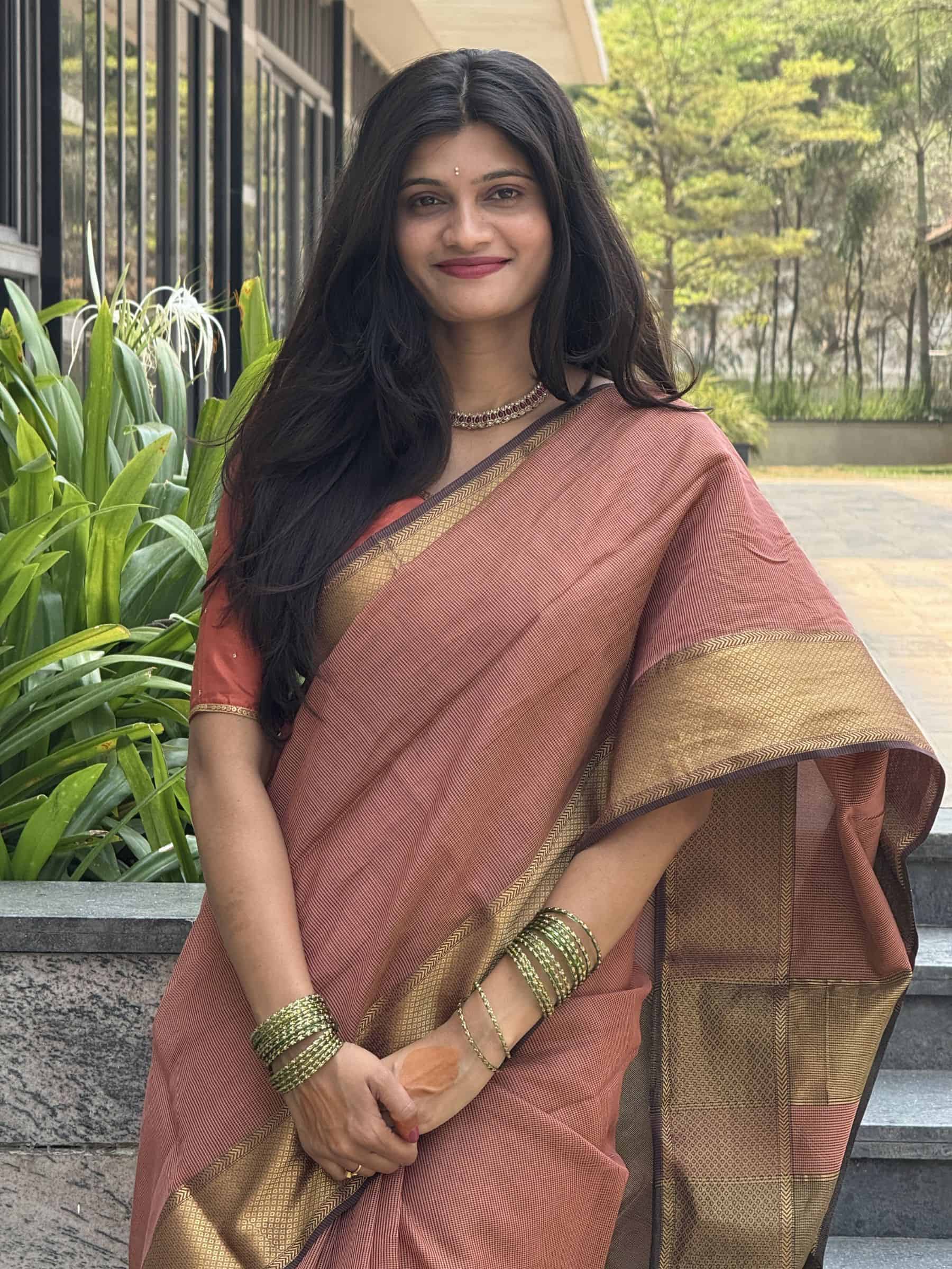 Handloom Maheshwari Silk Cotton Saree in Peach and Brown with Zari Checks