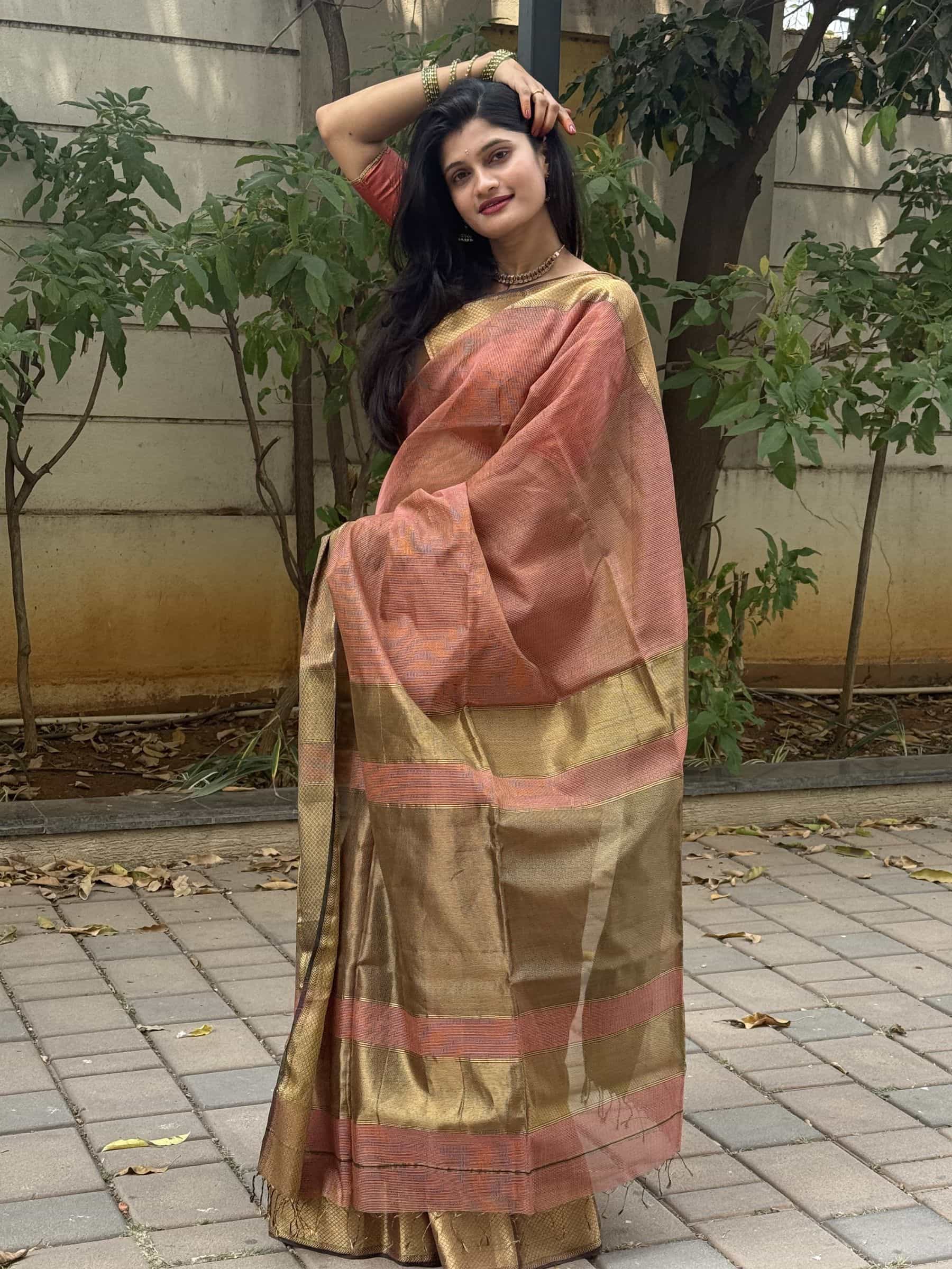 Handloom Maheshwari Silk Cotton Saree in Peach and Brown with Zari Checks