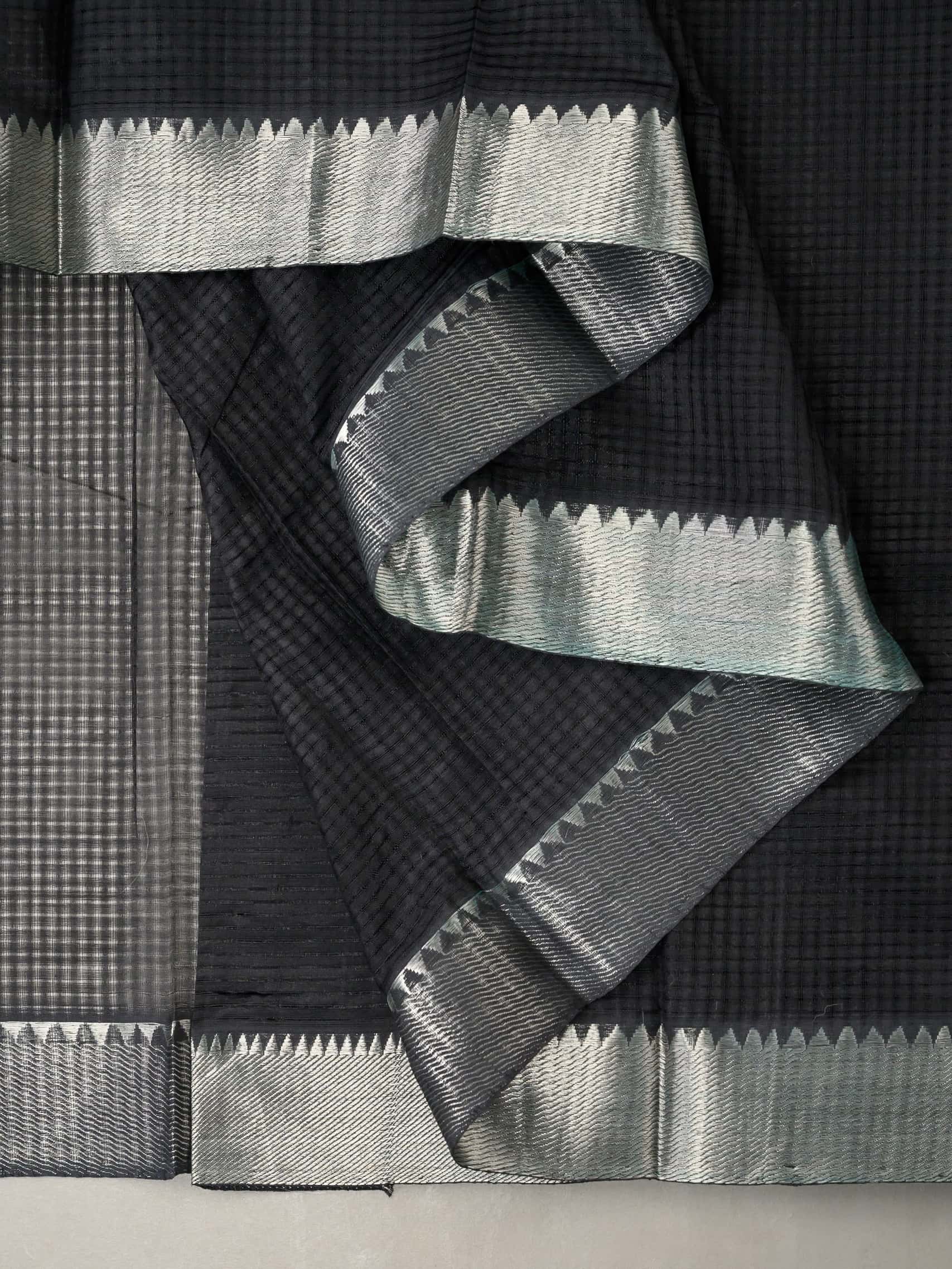 Handloom Mangalagiri Silk Cotton Saree in Black with Silver Zari Border