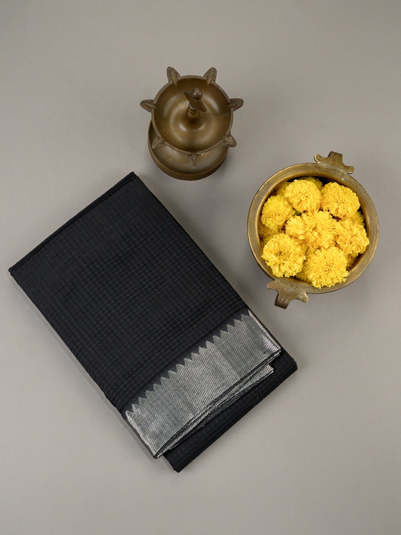 Handloom Mangalagiri silk cotton saree in black with silver zari border