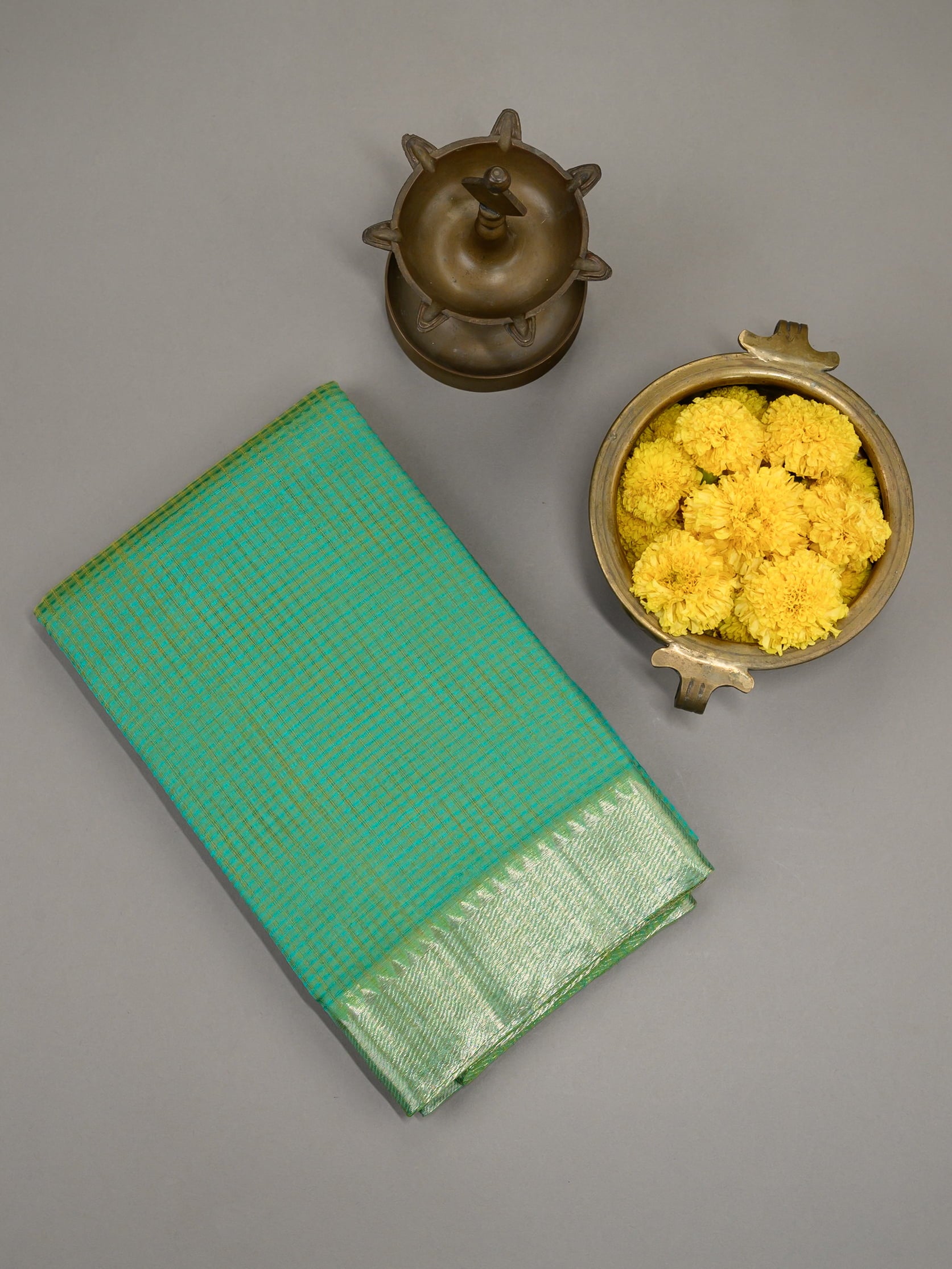 Handloom Mangalagiri silk cotton saree in aqua green with silver zari border