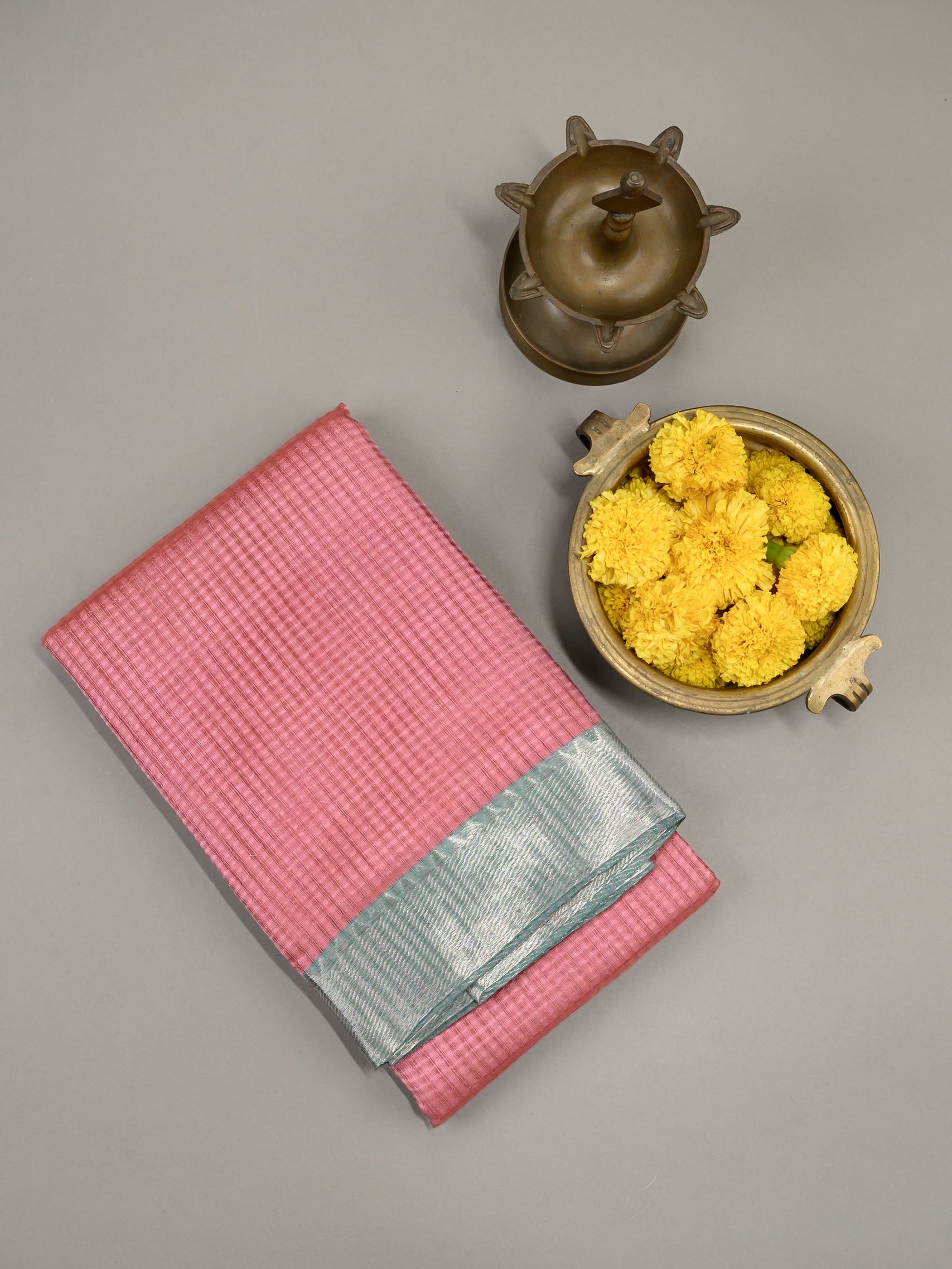 Handloom Mangalagiri silk cotton saree in pink with silver zari border