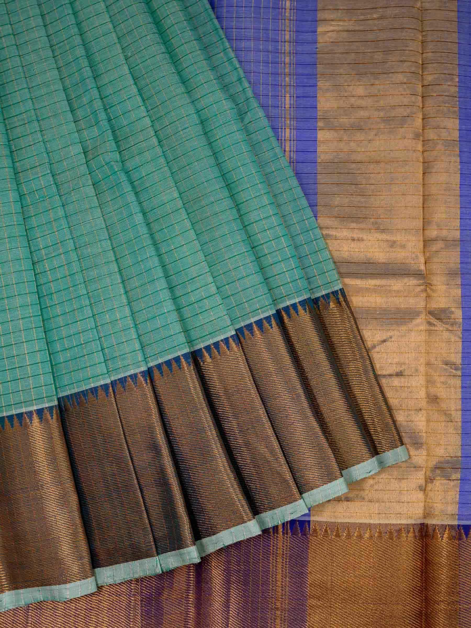Handloom Mangalagiri Silk Cotton saree in Cyan and Blue with Zari Checks