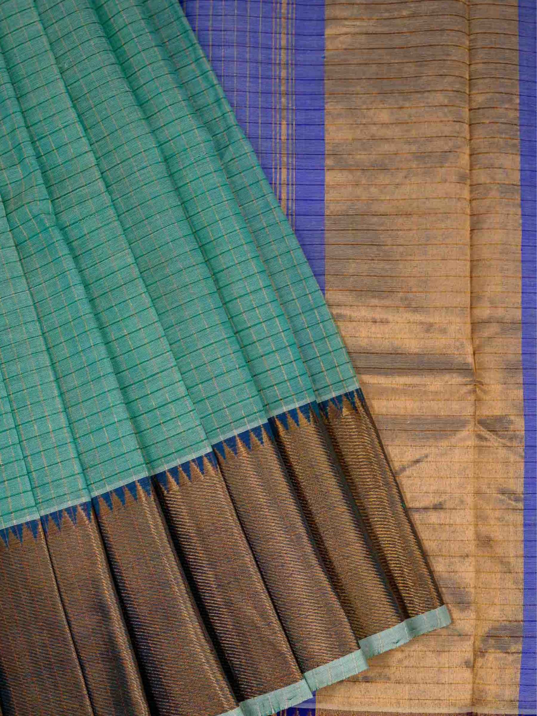 Handloom Mangalagiri Silk Cotton Saree in Cyan Blue with Checked Pattern