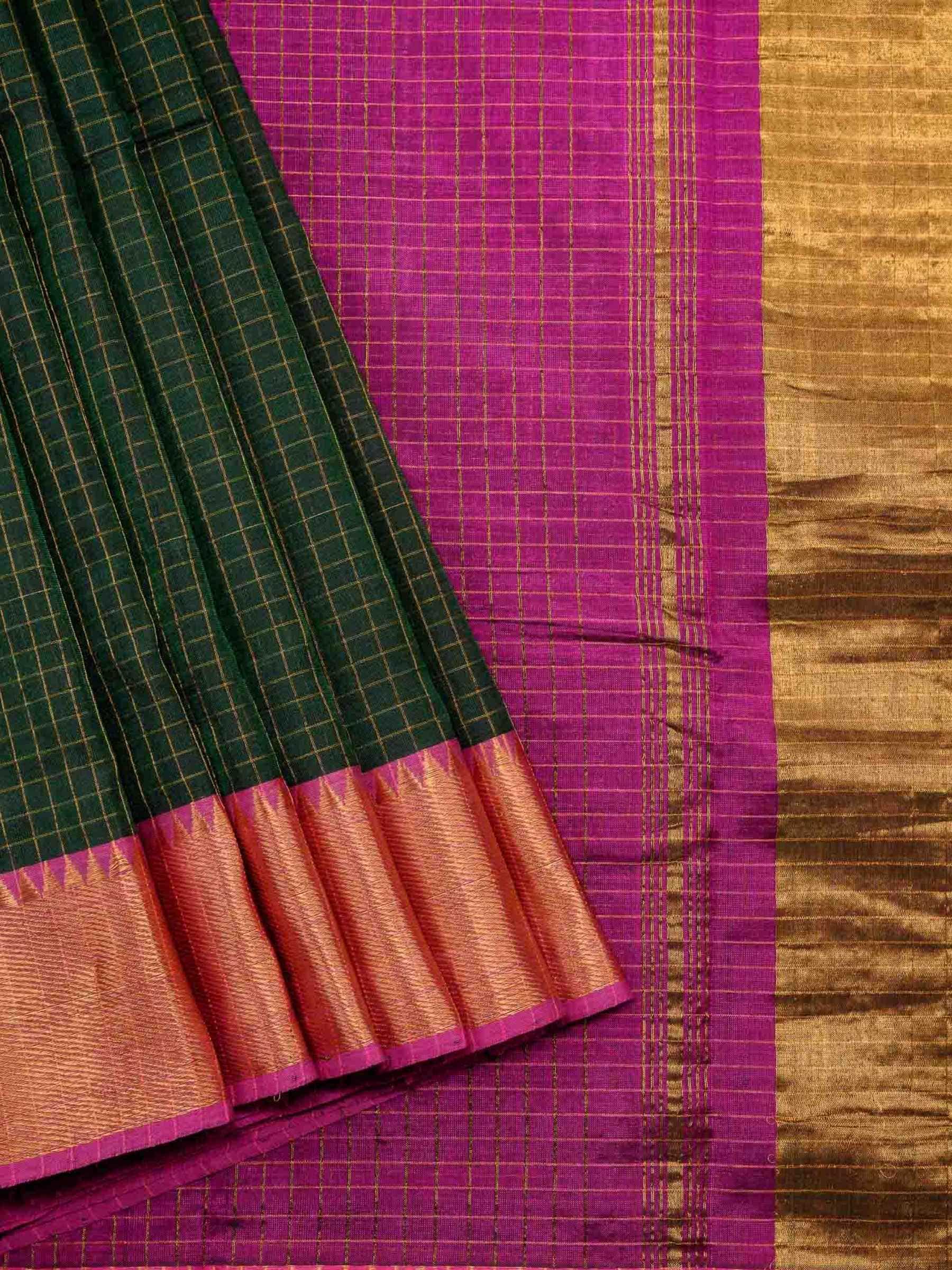 Handloom Mangalagiri Silk Cotton Saree in Green and Magenta with Checked Design