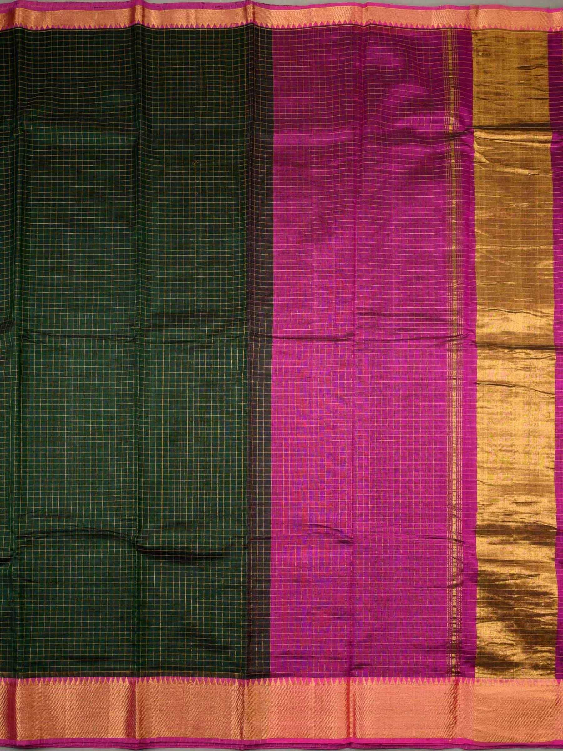 Handloom Mangalagiri Silk Cotton Saree in Green and Magenta with Checked Design