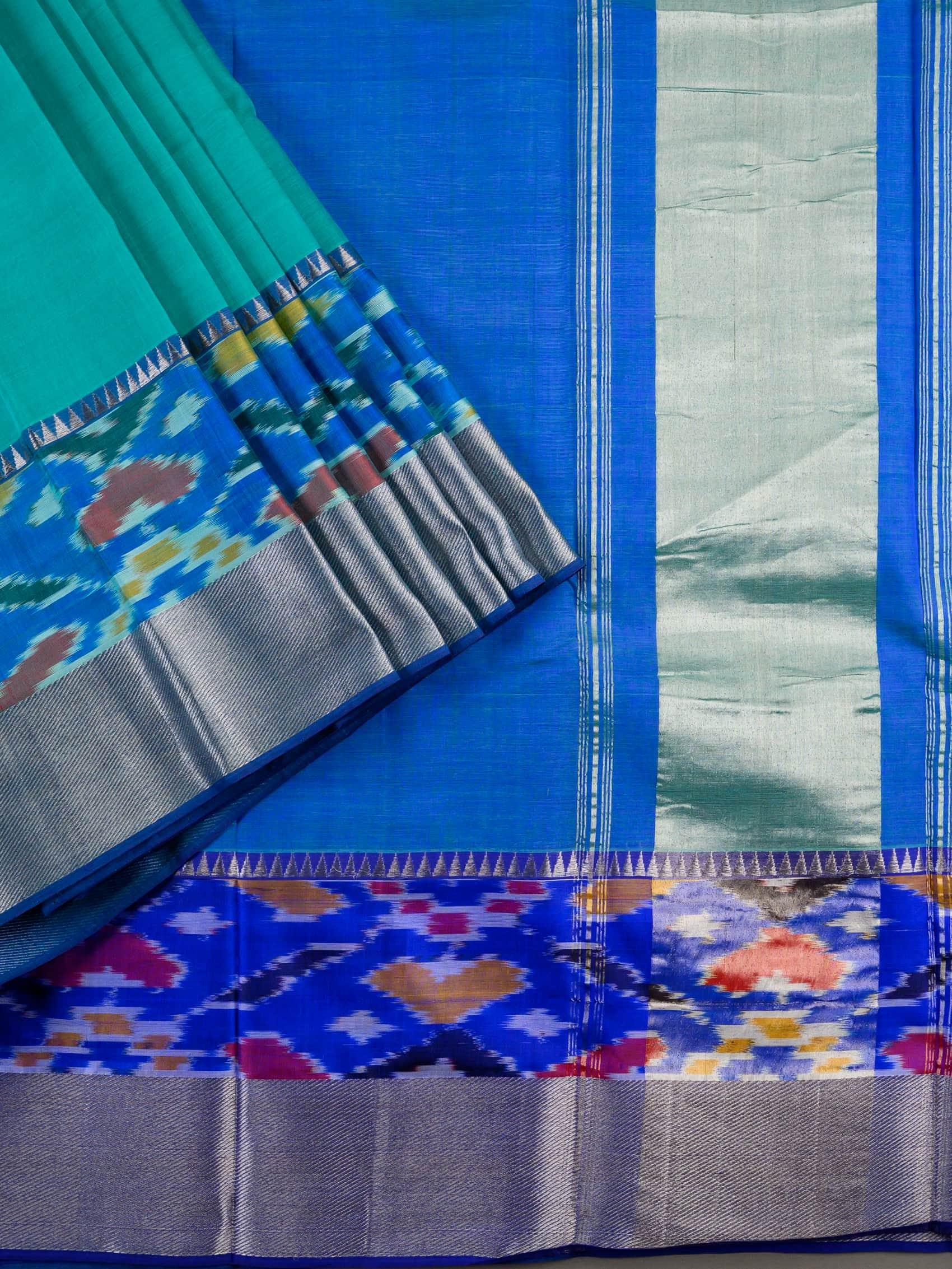 Handloom Mangalagiri Silk Cotton Saree in Green and Blue with Ikat Border