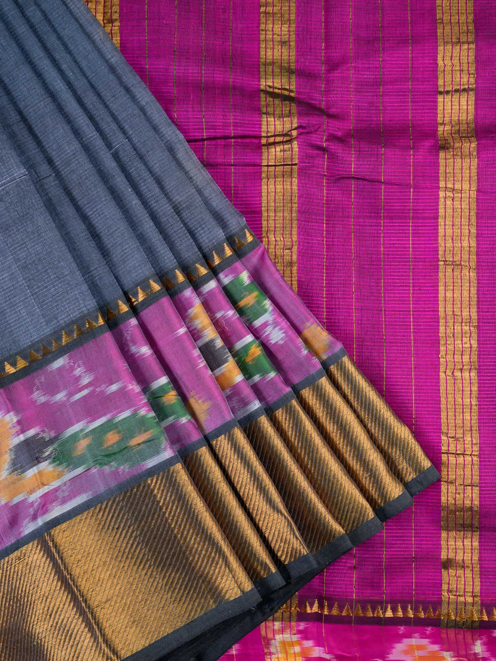 Handloom Mangalagiri Silk Cotton Saree in Grey and Magenta with Ikat Border