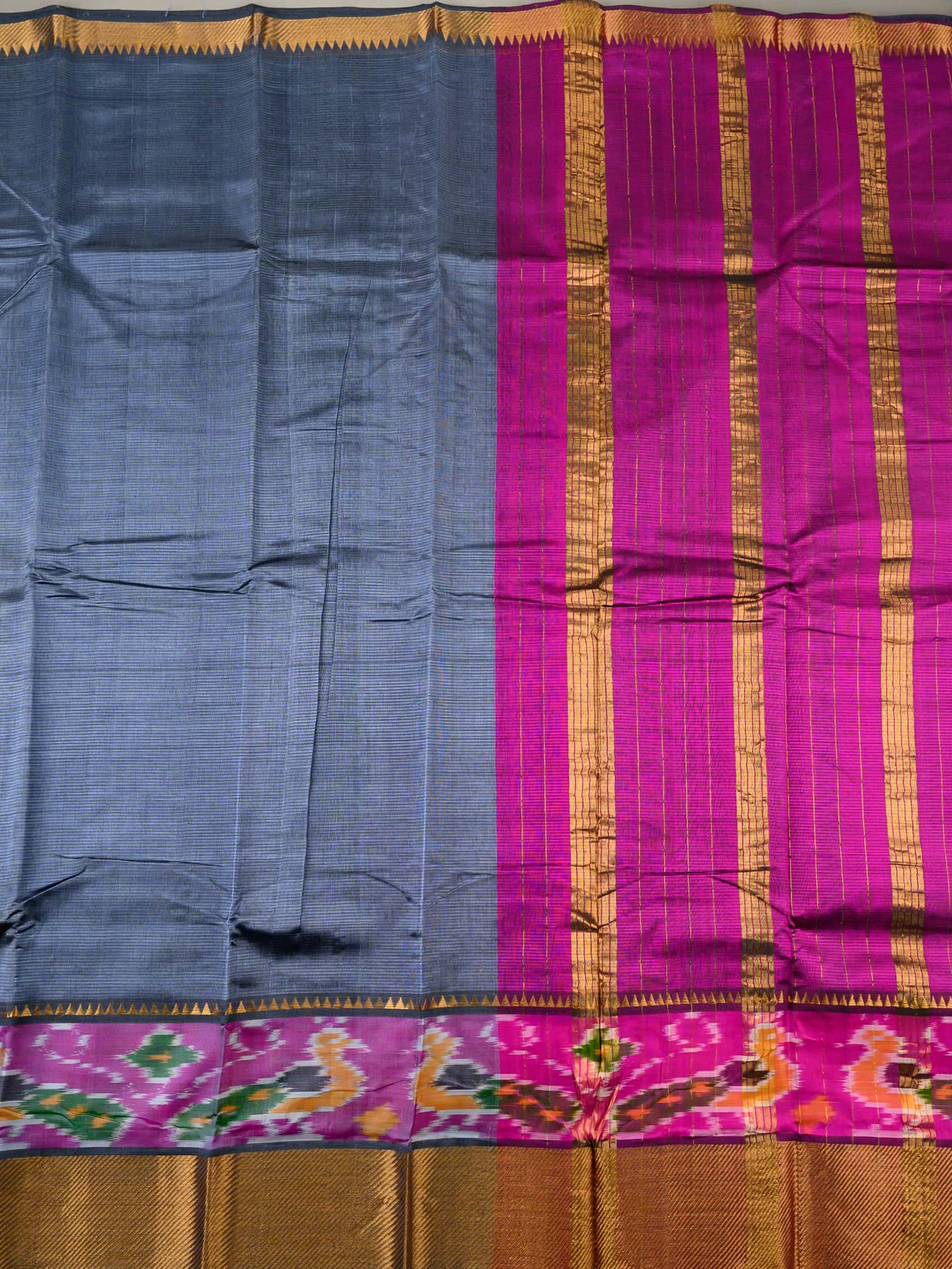 Handloom Mangalagiri Silk Cotton Saree in Grey and Magenta with Ikat Border